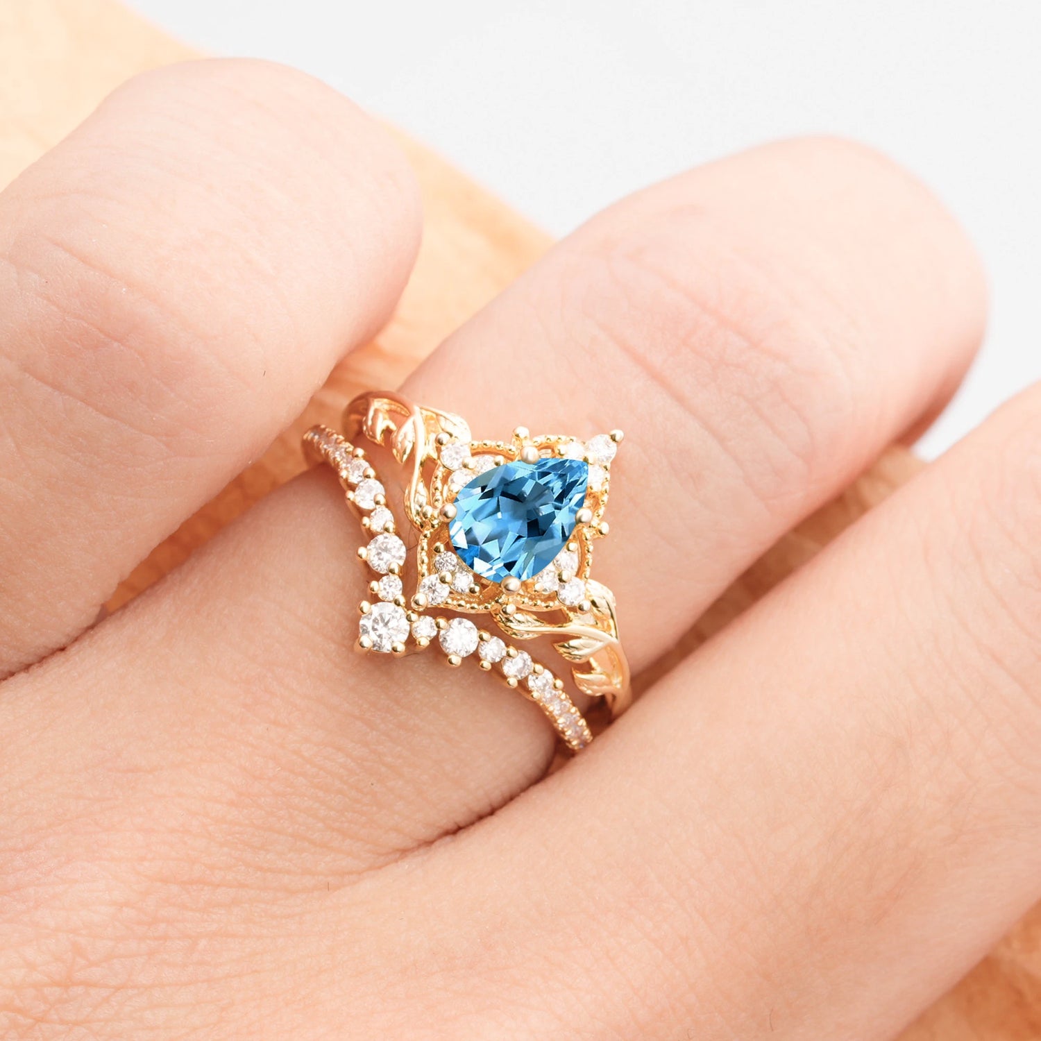Nature Inspired  Pear Cut Aquamarine Bridal Ring Set