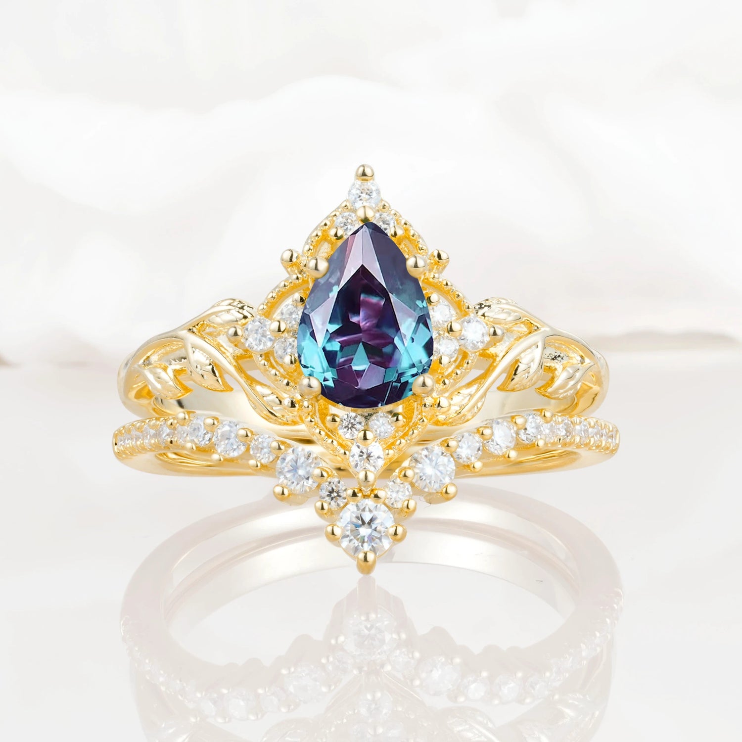 Nature Inspired  Pear Cut Alexandrite Bridal Ring Set
