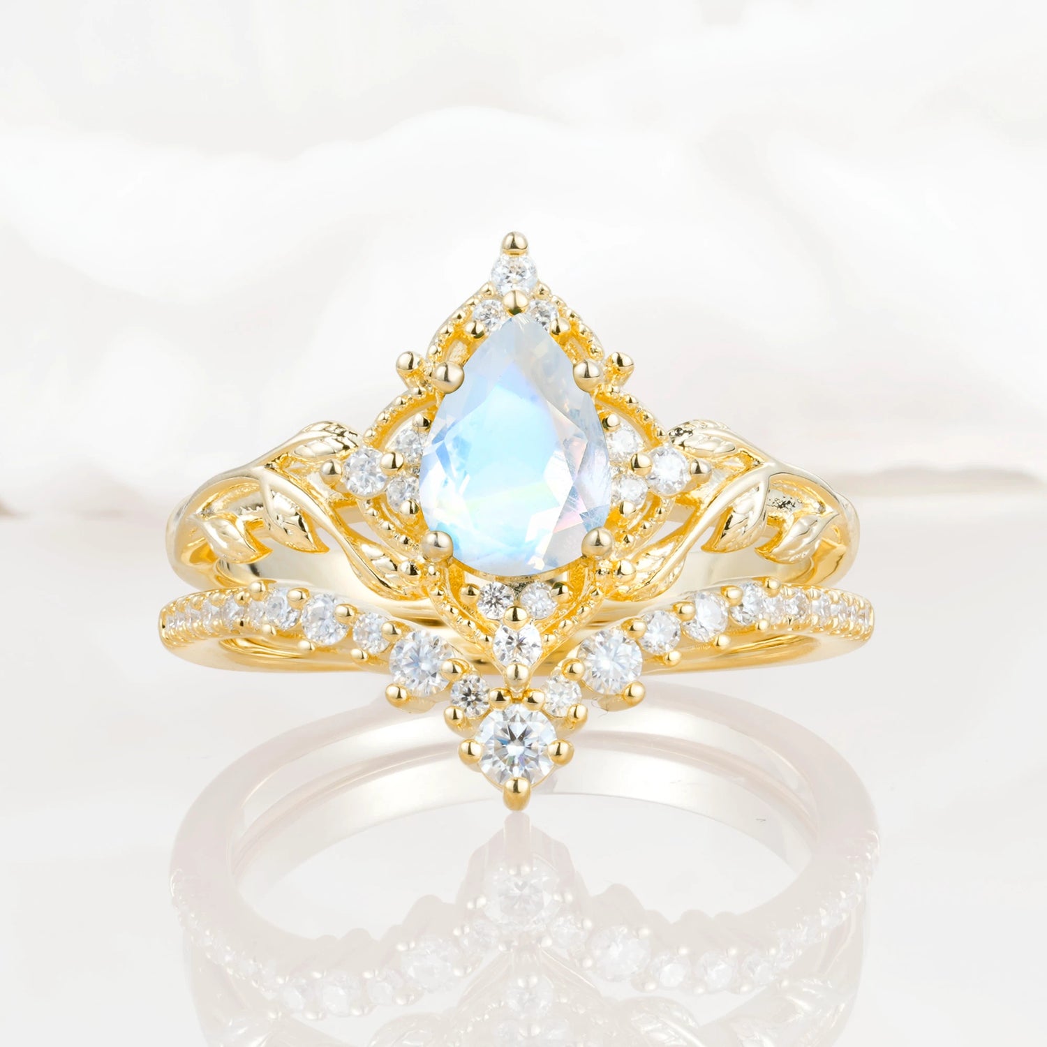 Nature Inspired  Pear Cut Moonstone Bridal Ring Set