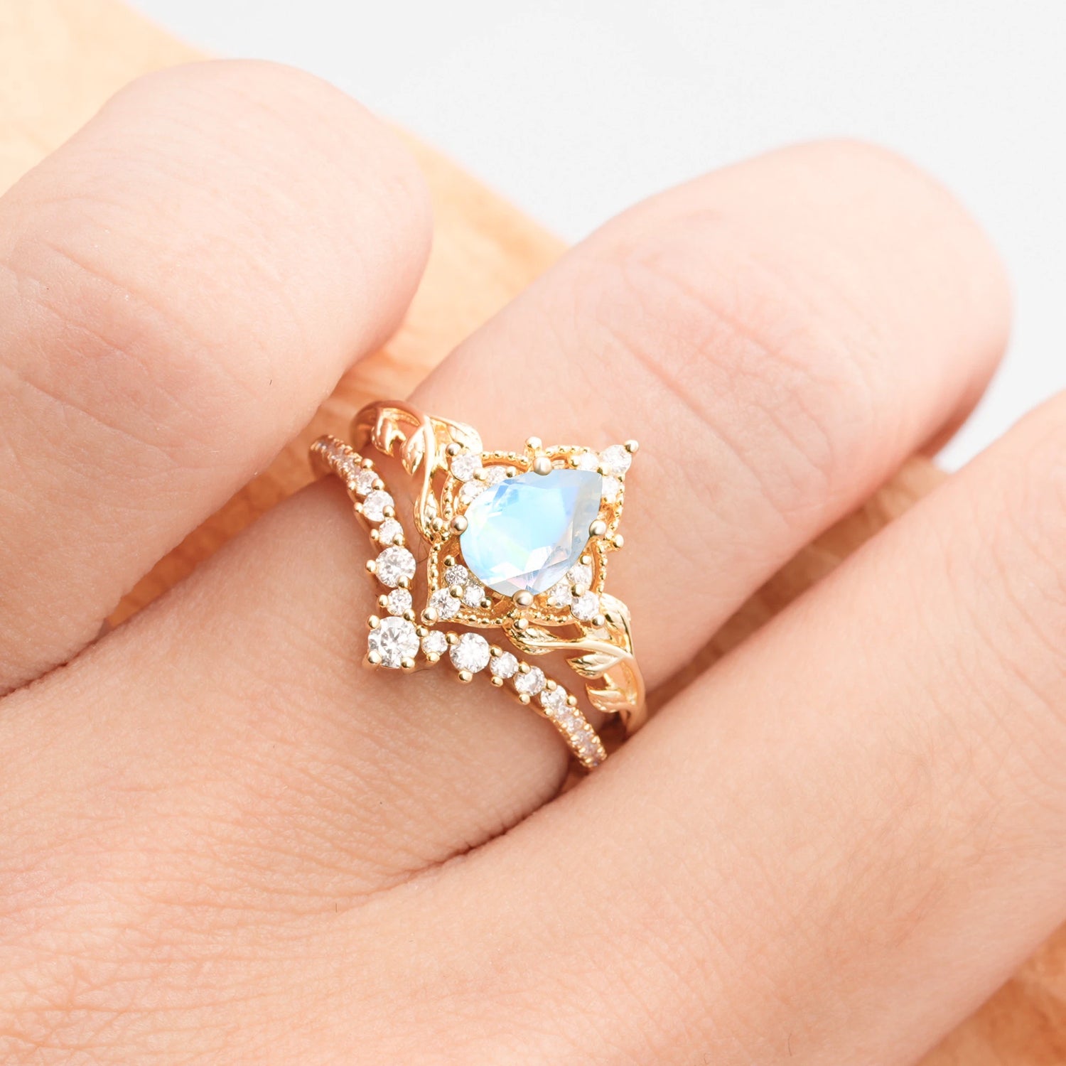 Nature Inspired  Pear Cut Moonstone Bridal Ring Set