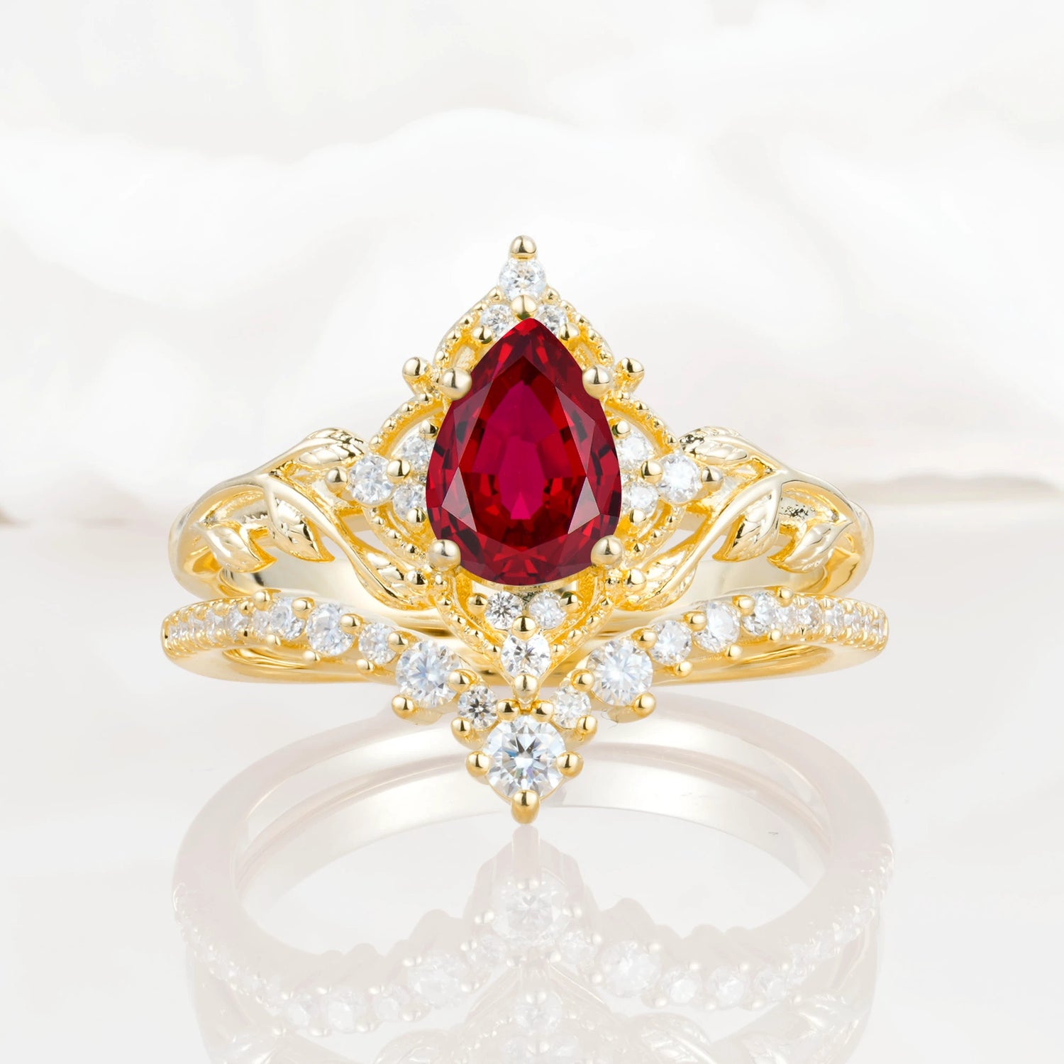 Nature Inspired  Pear Cut Ruby Bridal Ring Set