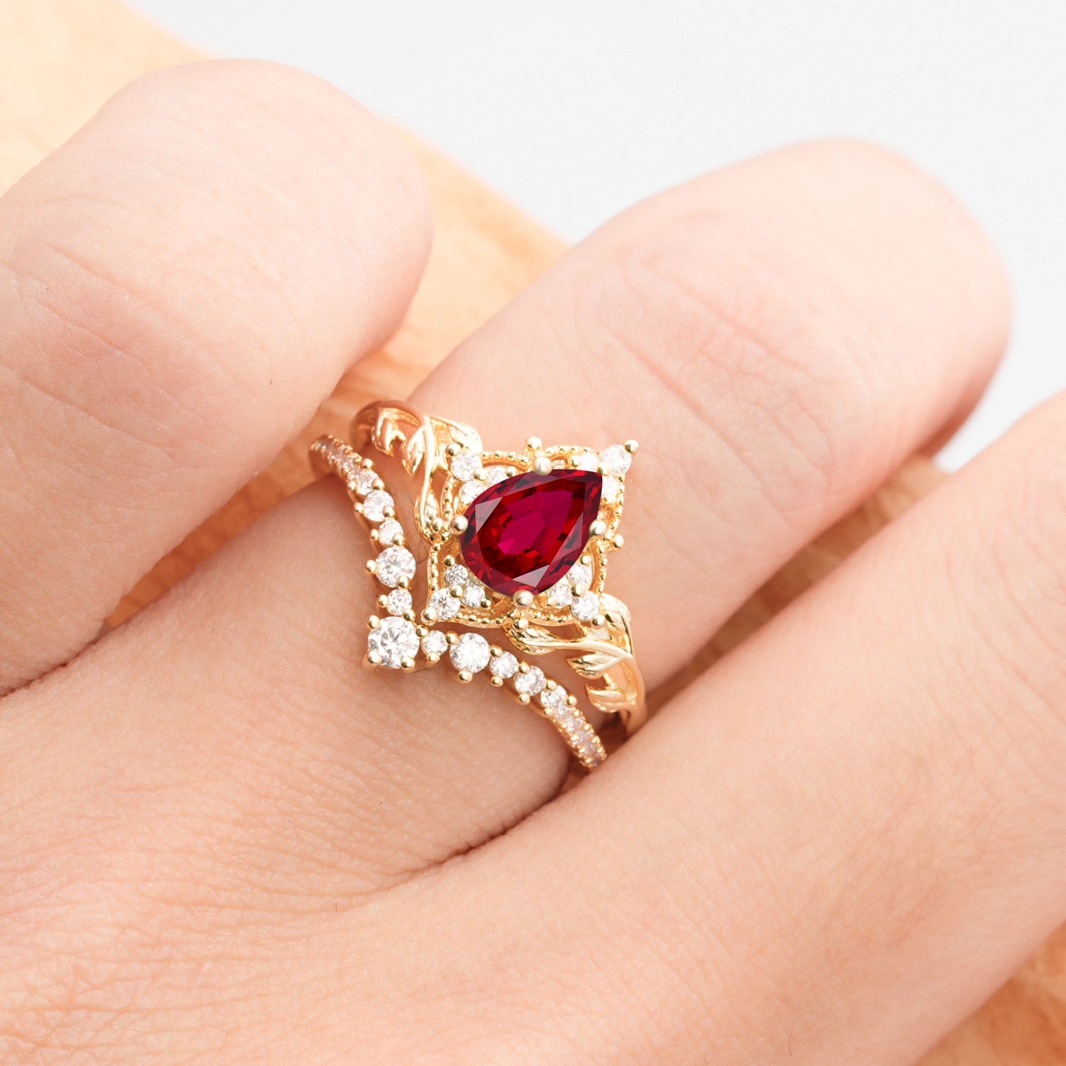 Nature Inspired  Pear Cut Ruby Bridal Ring Set