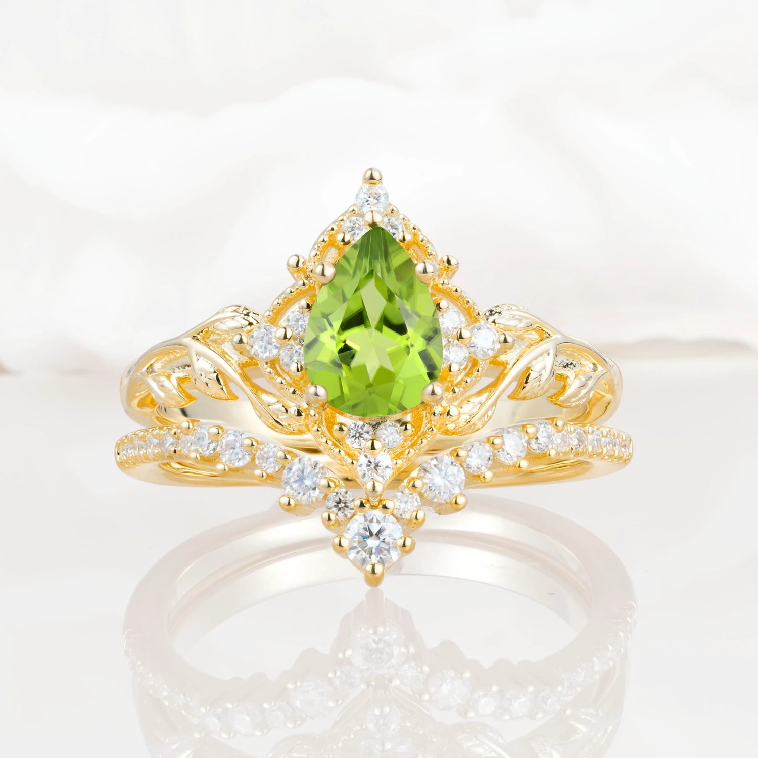 Nature Inspired  Pear Cut Peridot Bridal Ring Set
