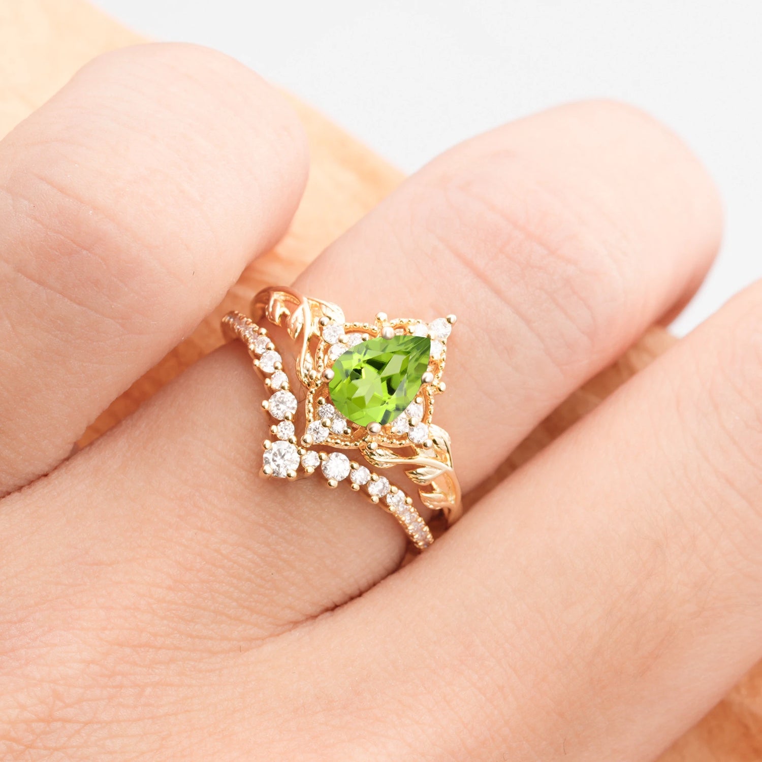 Nature Inspired  Pear Cut Peridot Bridal Ring Set
