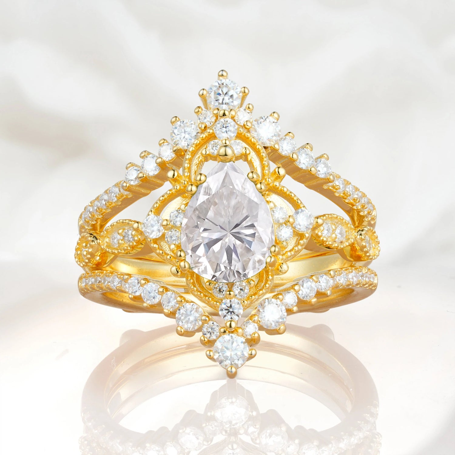 Vintage Gold Crown Moissanite Engagement Ring Set with Pear Cut