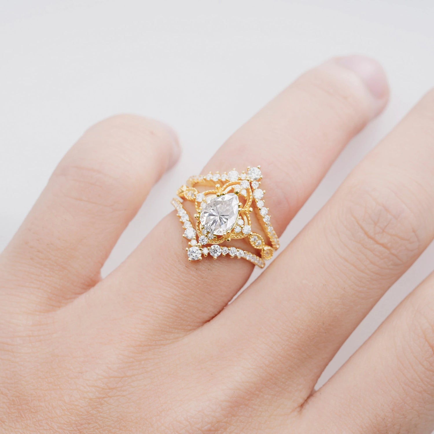 Vintage Gold Crown Moissanite Engagement Ring Set with Pear Cut