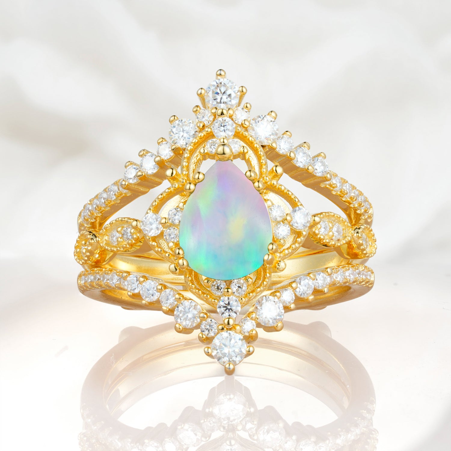 Vintage Gold Crown Opal Engagement Ring Set with Pear Cut