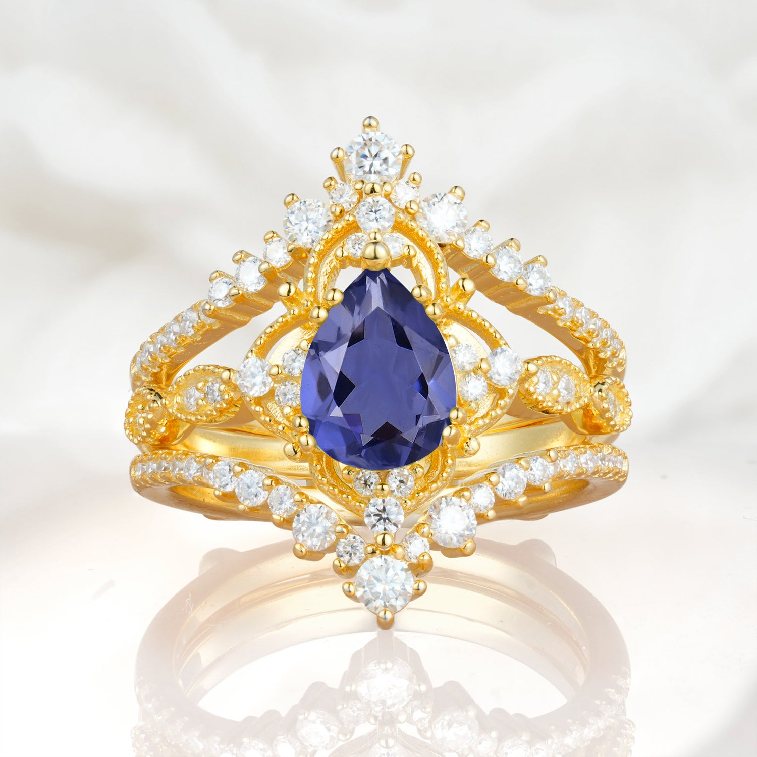 Vintage Gold Crown Tanzanite Engagement Ring Set with Pear Cut