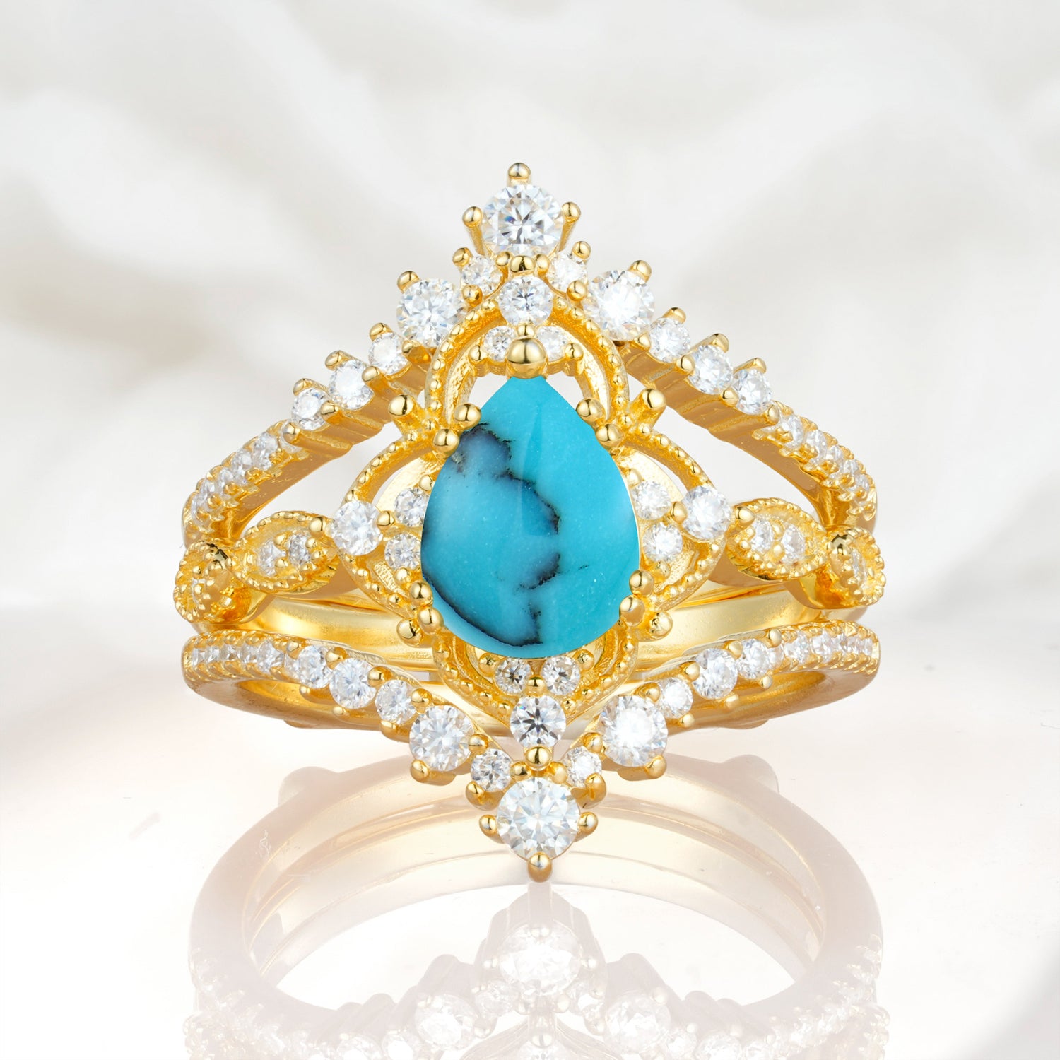 Vintage Gold Crown Turquoise Engagement Ring Set with Pear Cut