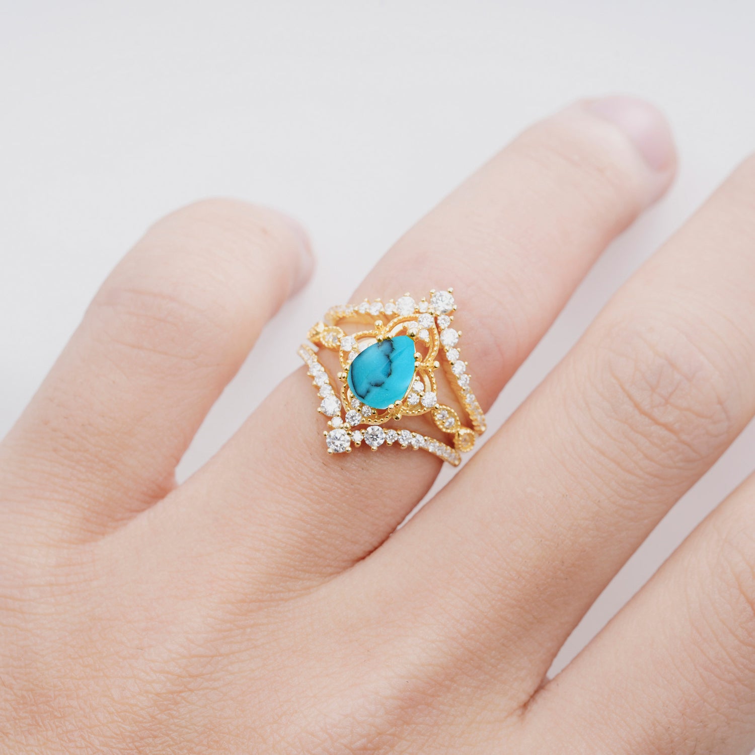 Vintage Gold Crown Turquoise Engagement Ring Set with Pear Cut