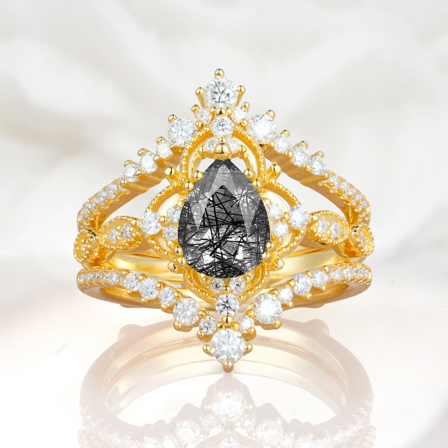 Vintage Gold Crown Black Rutilated Quartz Engagement Ring Set with Pear Cut