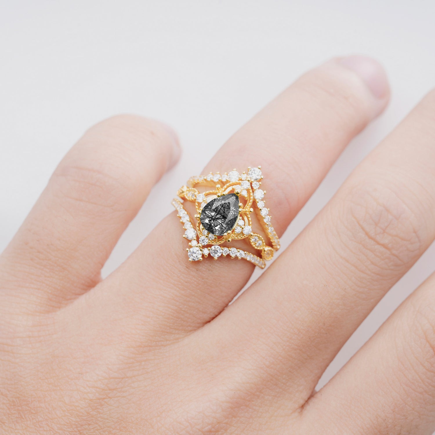 Vintage Gold Crown Black Rutilated Quartz Engagement Ring Set with Pear Cut