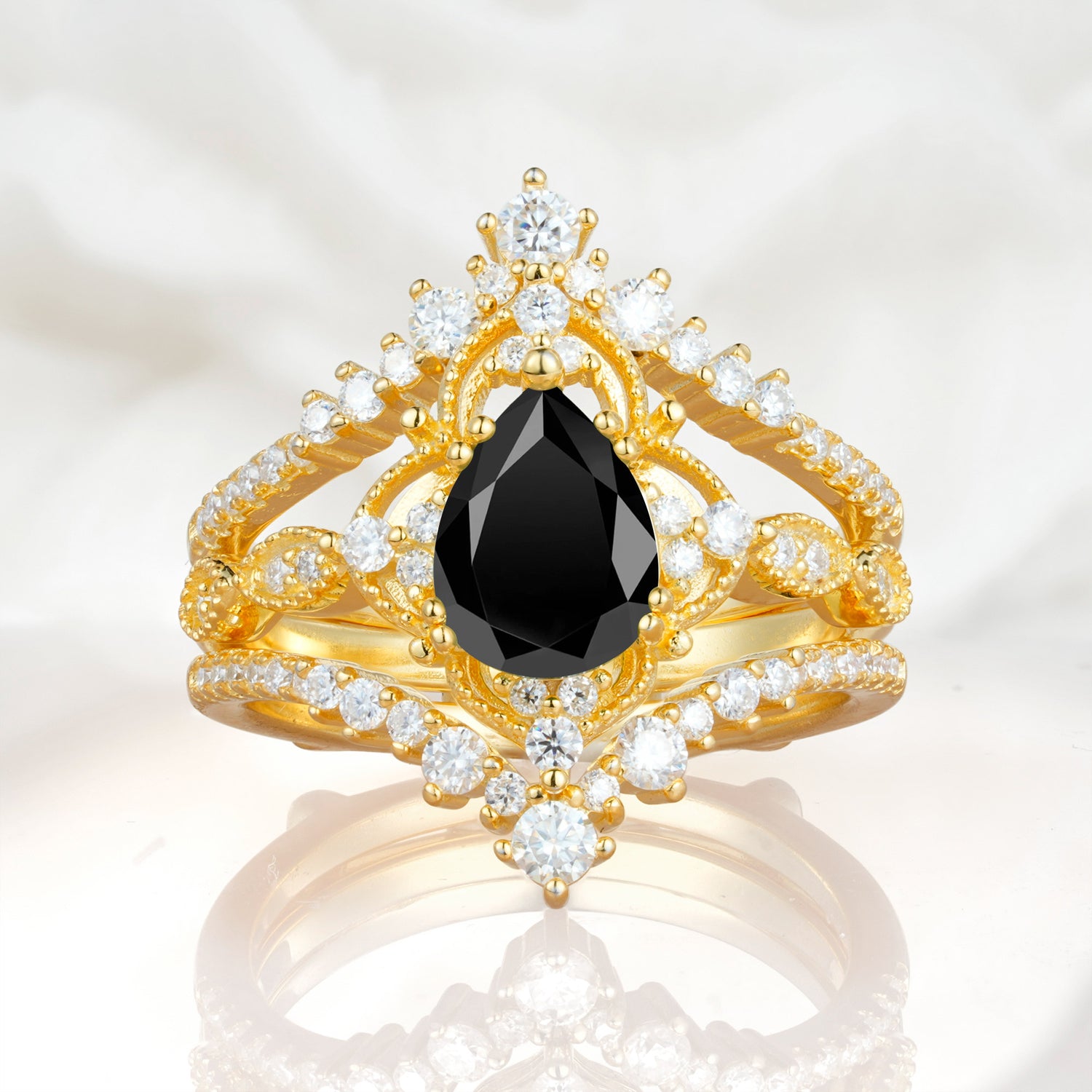 Vintage Gold Crown Black Onyx Engagement Ring Set with Pear Cut