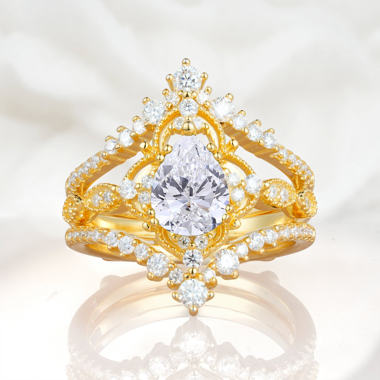 Vintage Gold Crown Lab Diamond Engagement Ring Set with Pear Cut