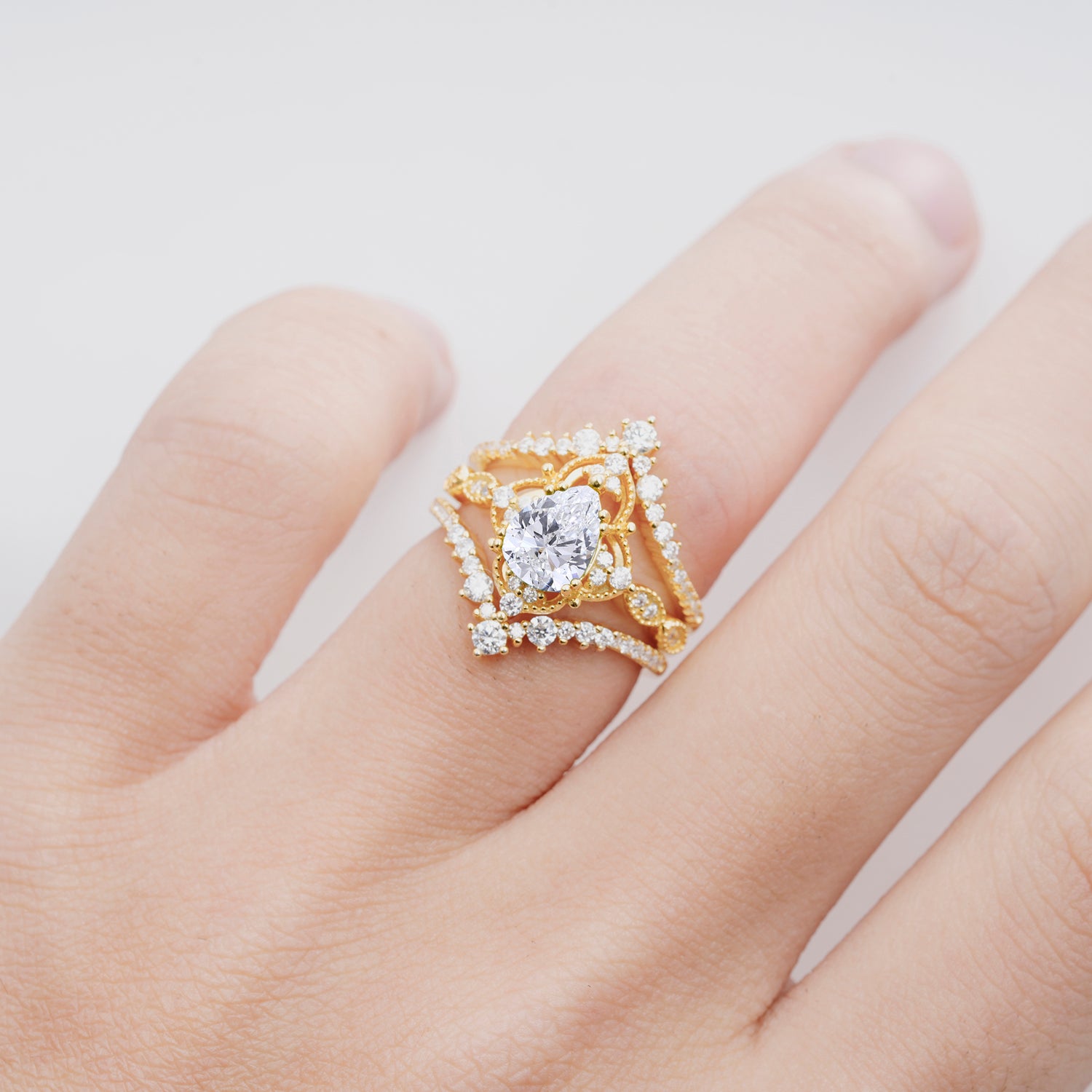 Vintage Gold Crown Lab Diamond Engagement Ring Set with Pear Cut