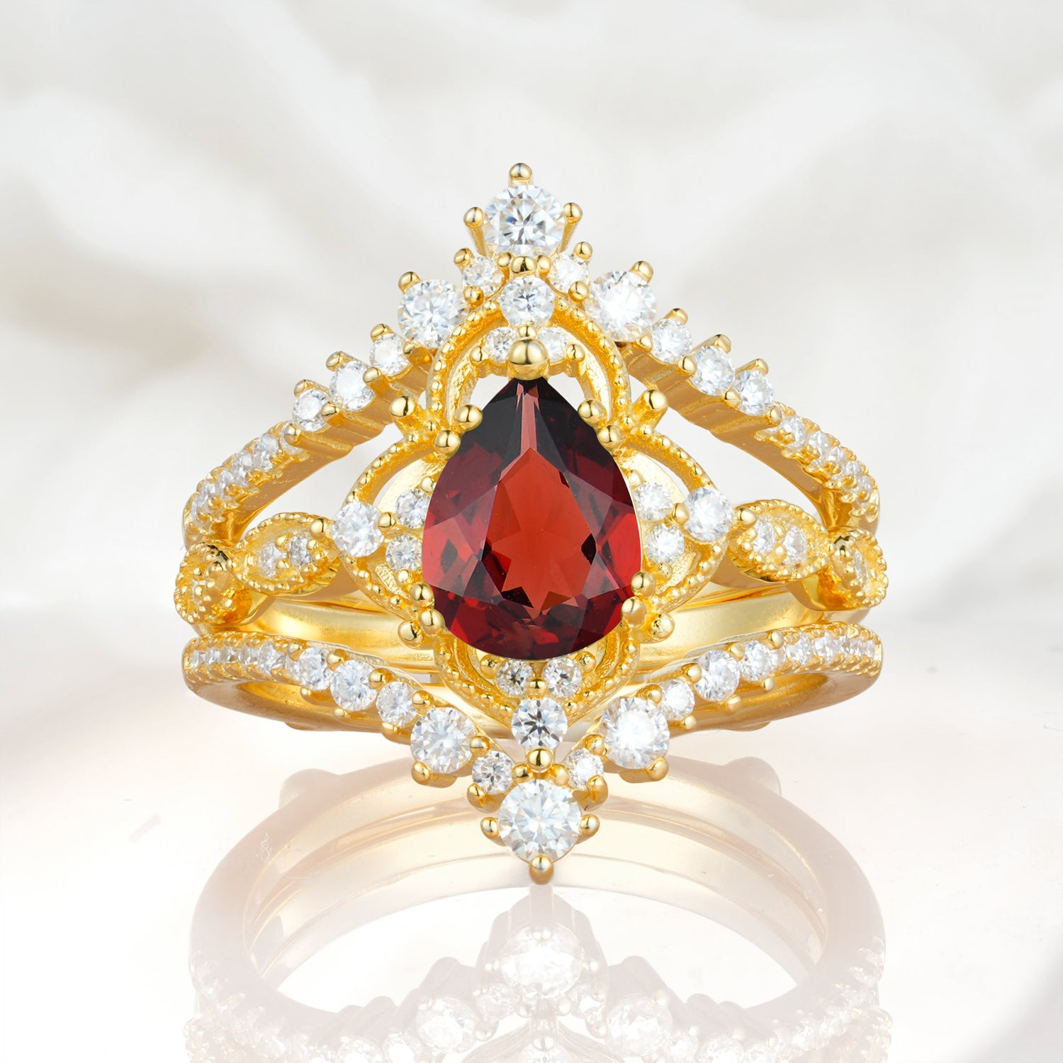 Vintage Gold Crown Garnet Engagement Ring Set with Pear Cut