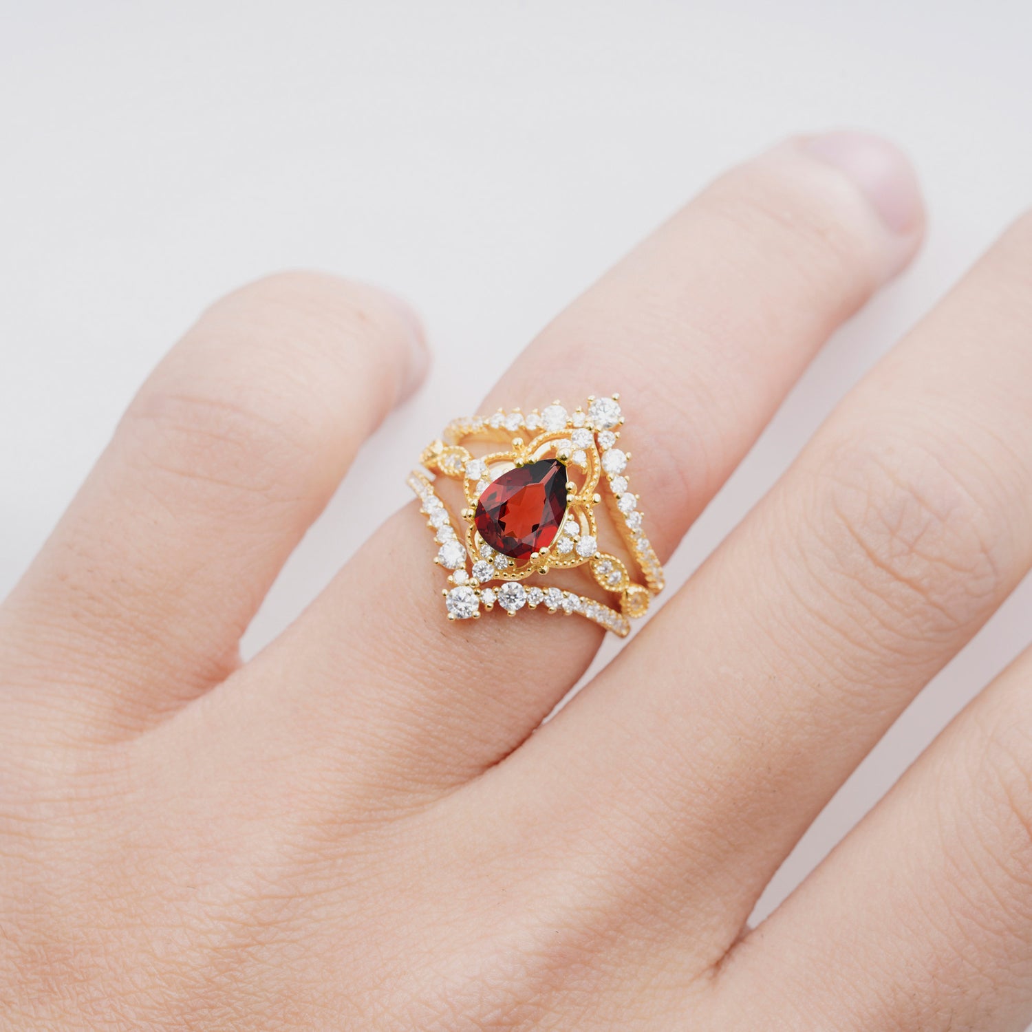 Vintage Gold Crown Garnet Engagement Ring Set with Pear Cut