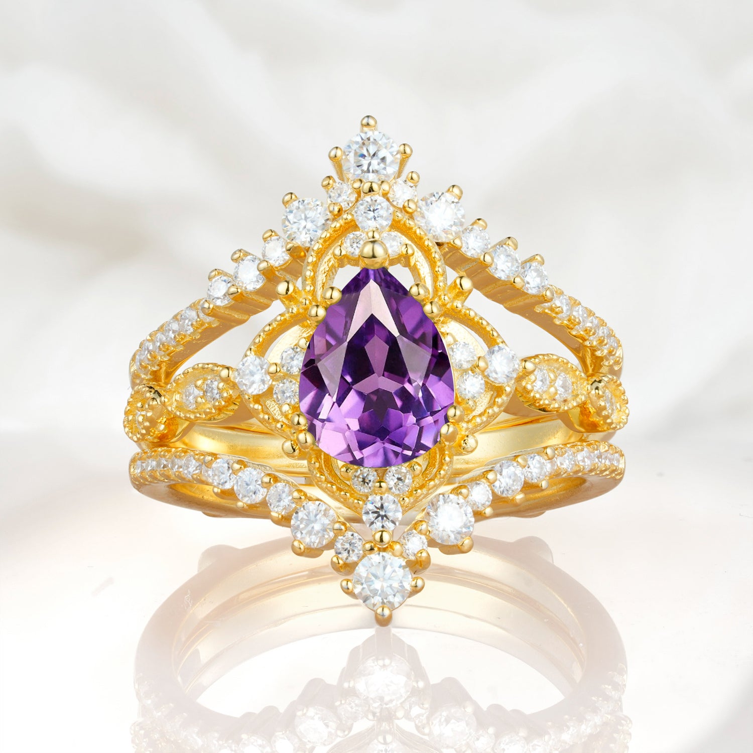 Vintage Gold Crown Amethyst Engagement Ring Set with Pear Cut