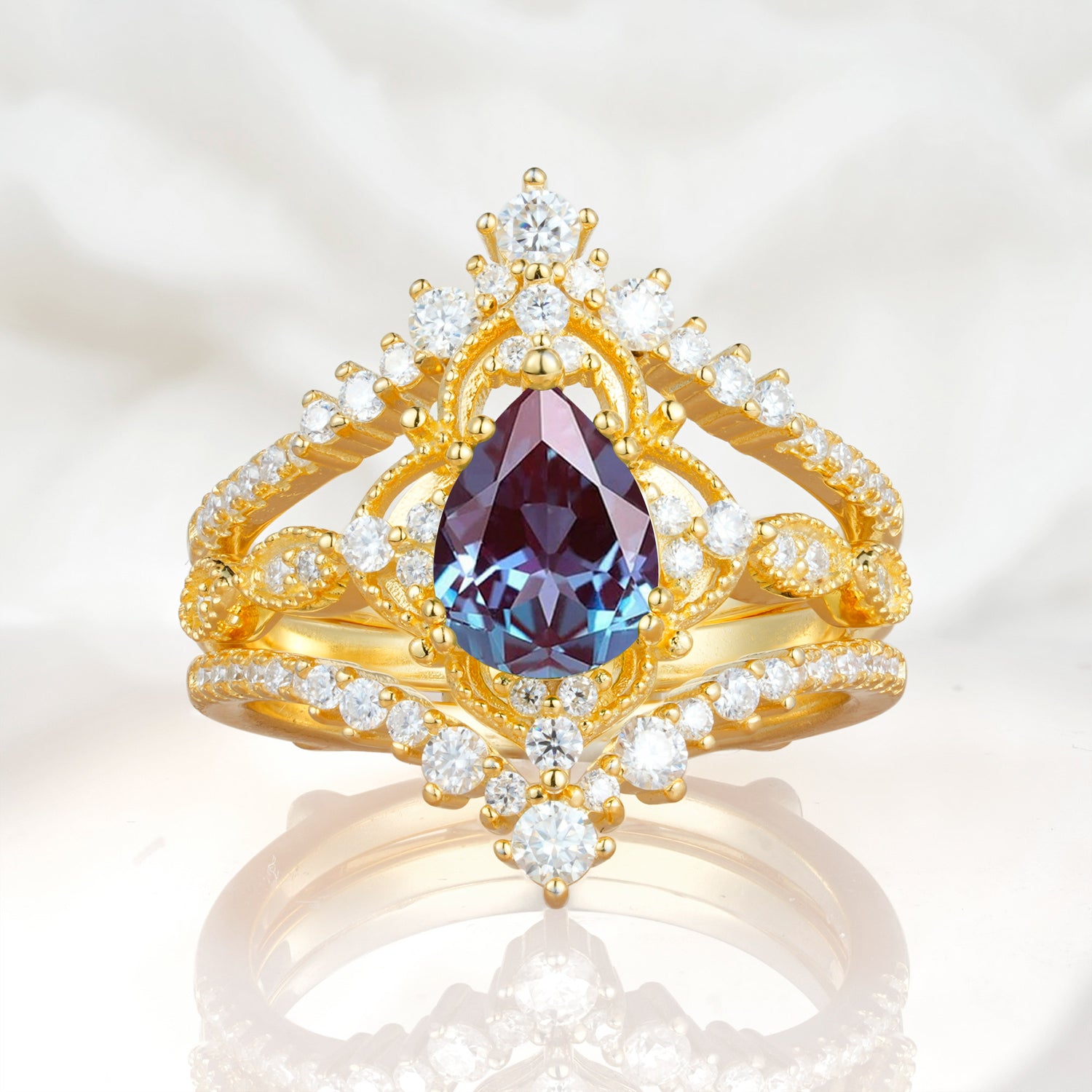 Vintage Gold Crown Alexandrite Engagement Ring Set with Pear Cut