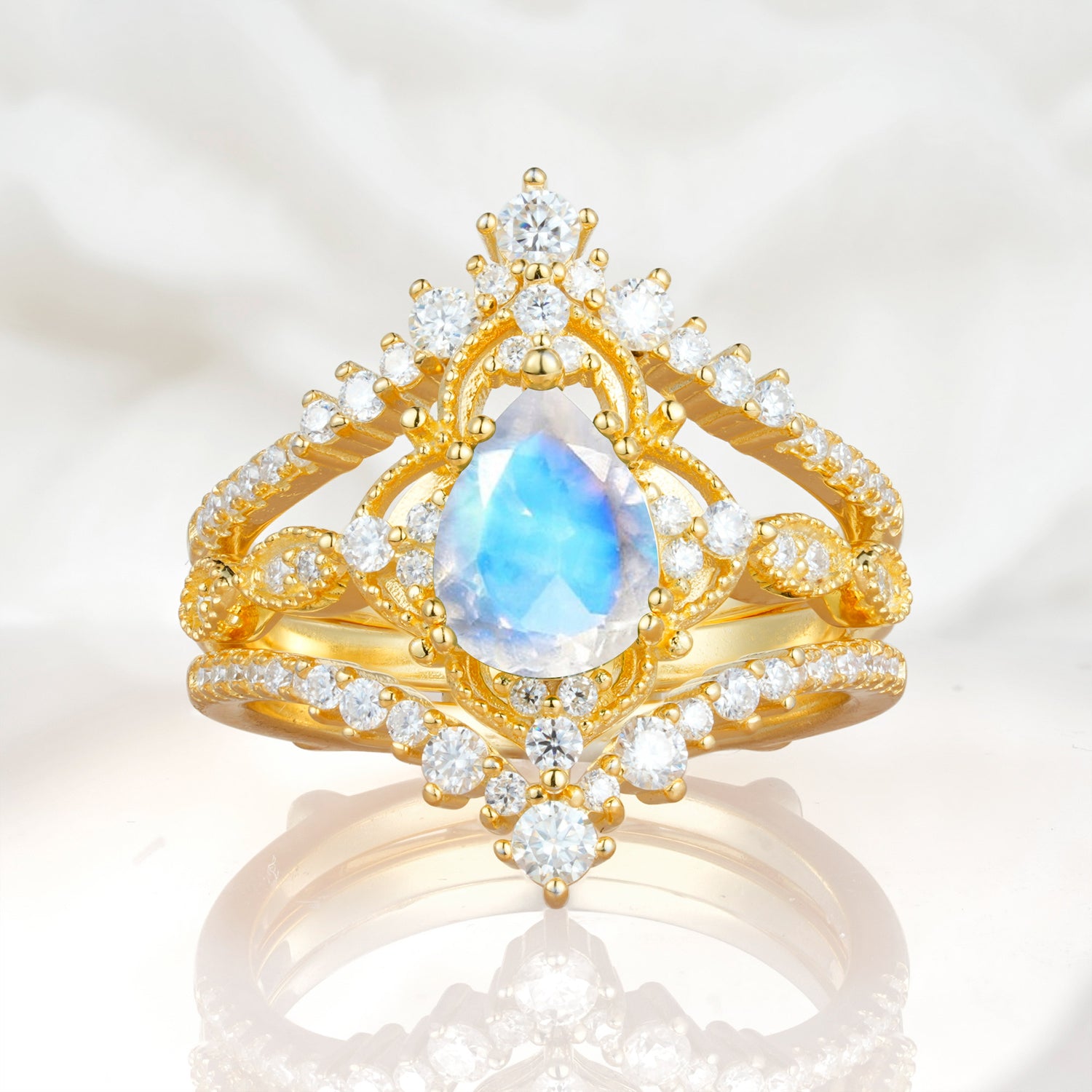 Vintage Gold Crown Moonstone Engagement Ring Set with Pear Cut