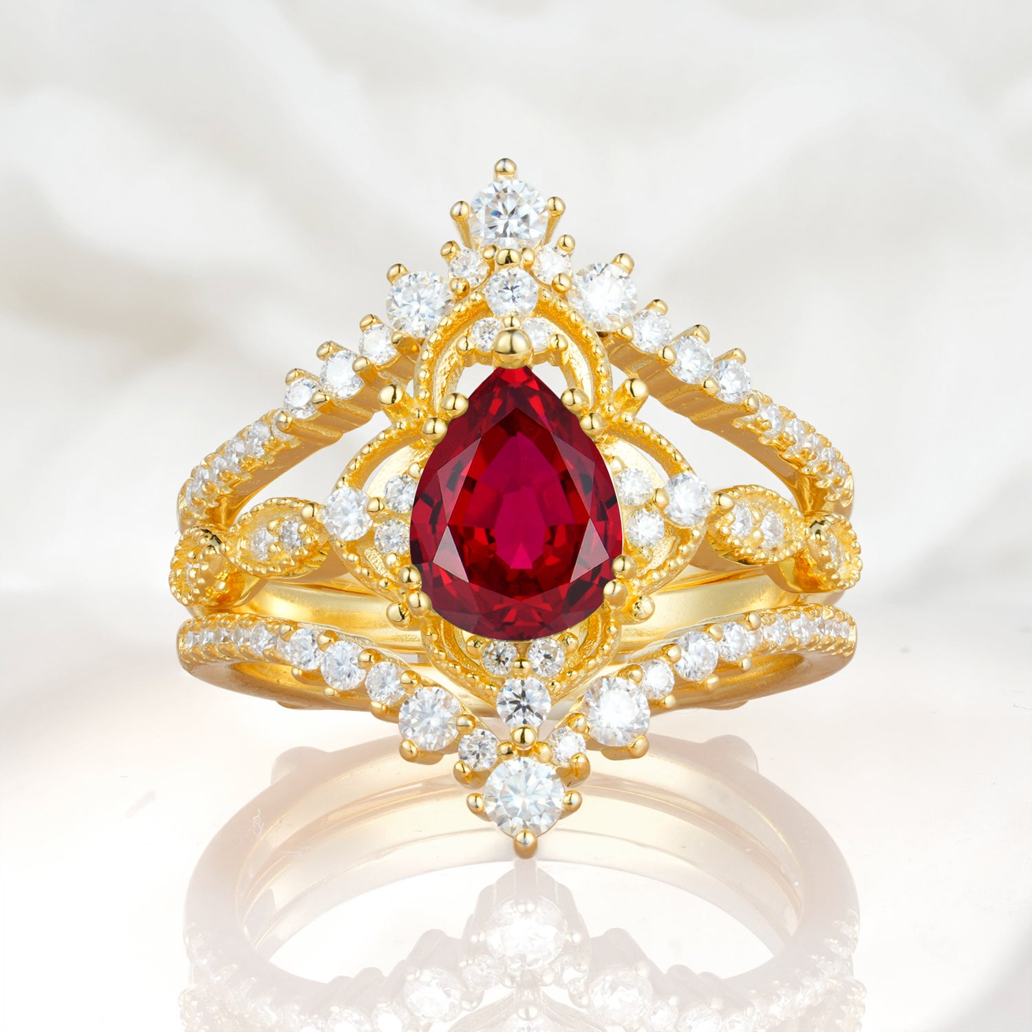 Vintage Gold Crown Ruby Engagement Ring Set with Pear Cut