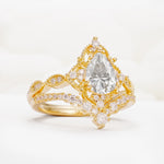 Luxury Pear Cut Milgrain Halo Moissanite Bridal Ring Set - White-Gold