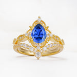 Luxury Pear Cut Milgrain Halo Sapphire Bridal Ring Set - Yellow-Gold
