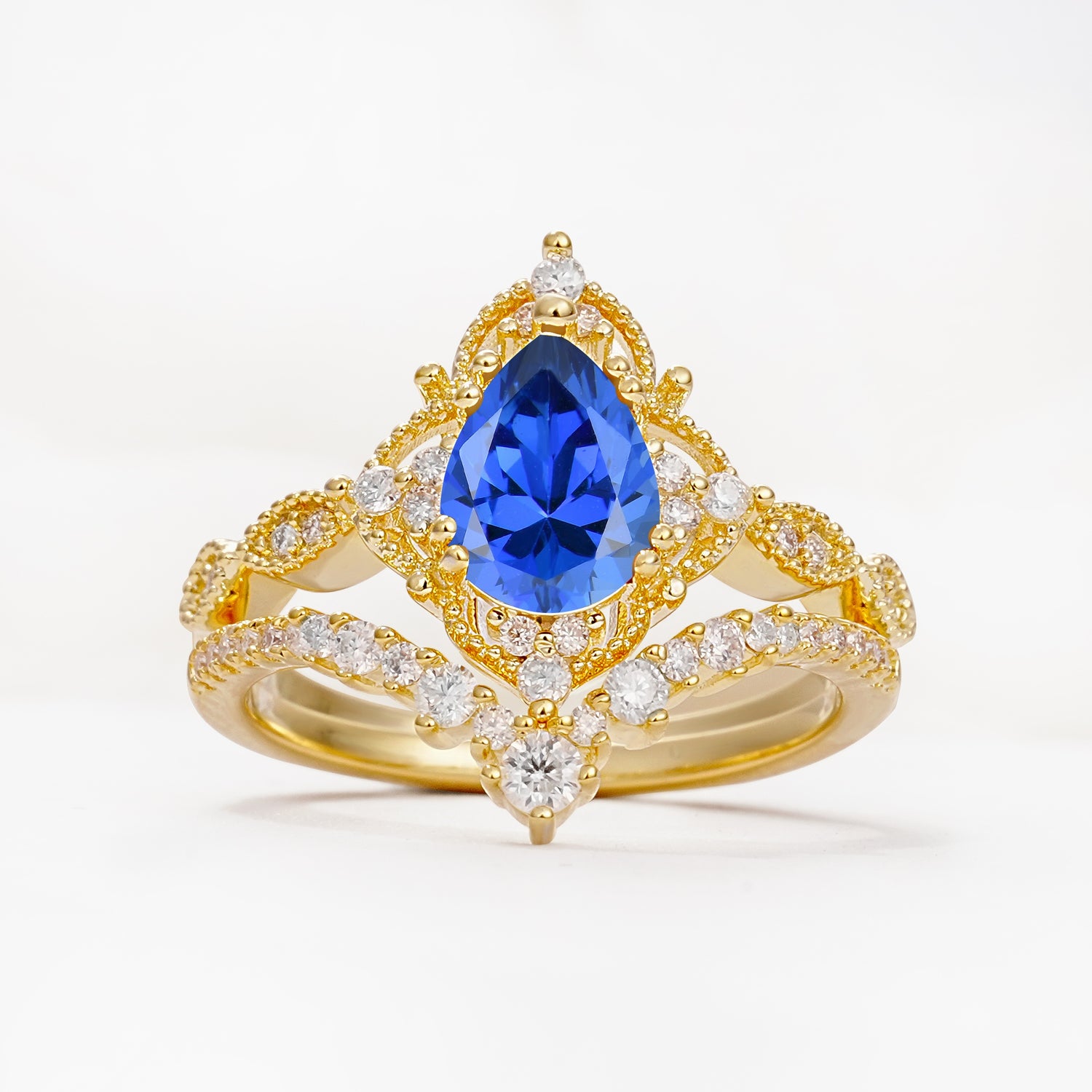 Luxury Pear Cut Milgrain Halo Sapphire Bridal Ring Set - Yellow-Gold