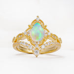 Luxury Pear Cut Milgrain Halo Fire Opal Bridal Ring Set - Yellow-Gold