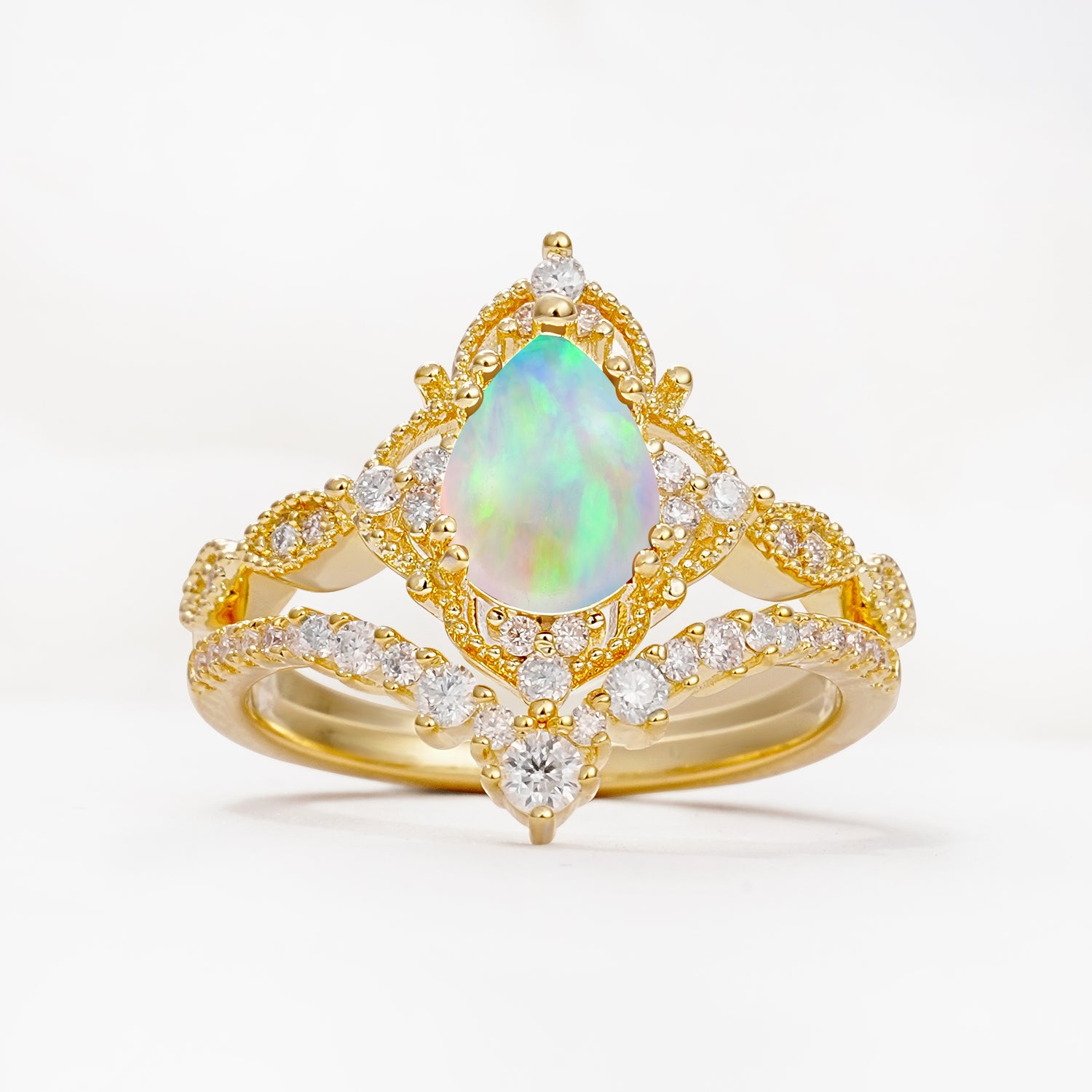 Luxury Pear Cut Milgrain Halo Fire Opal Bridal Ring Set - Yellow-Gold