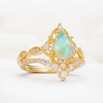 Luxury Pear Cut Milgrain Halo Fire Opal Bridal Ring Set - White-Gold