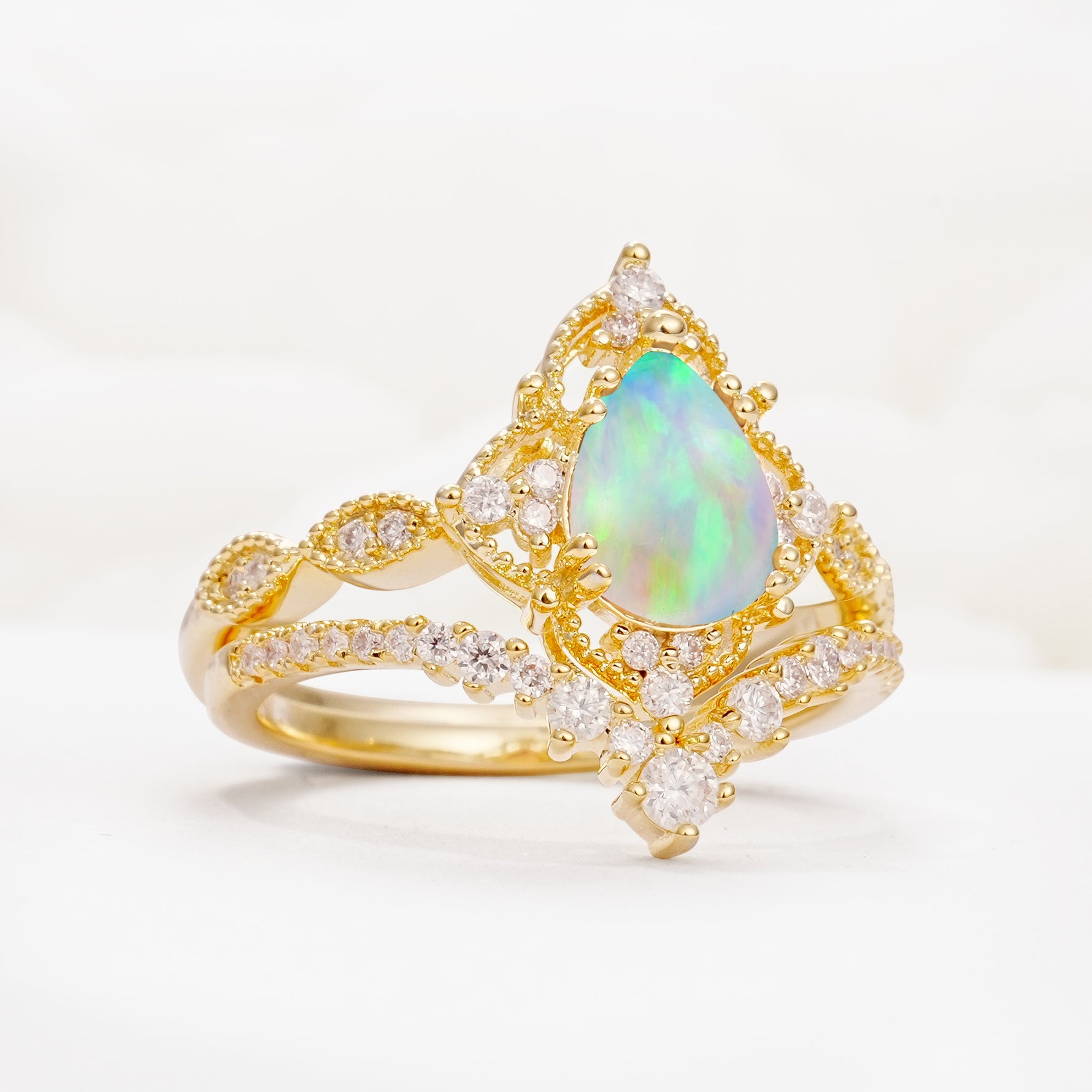 Luxury Pear Cut Milgrain Halo Fire Opal Bridal Ring Set - White-Gold