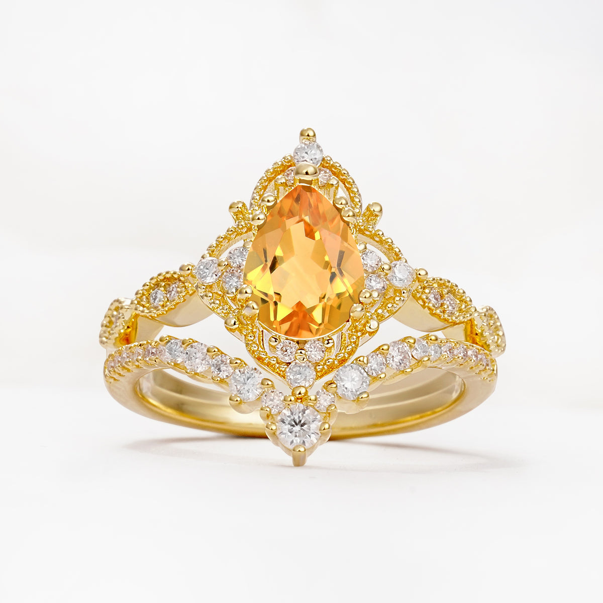 Luxury Pear Cut Milgrain Halo Citrine Bridal Ring Set - Yellow-Gold