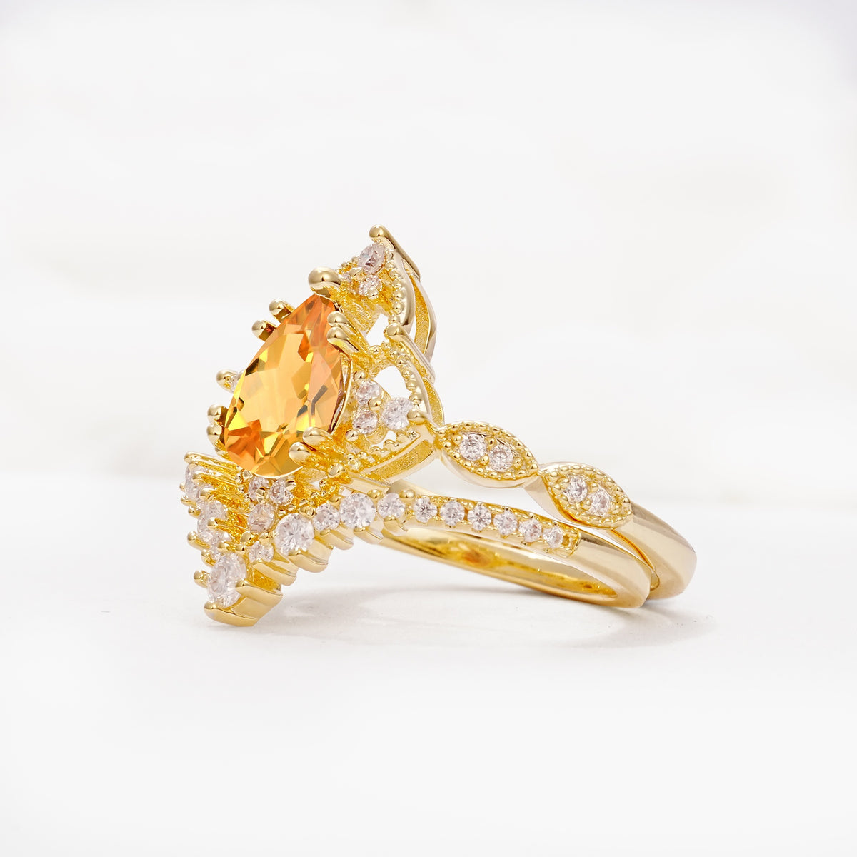 Luxury Pear Cut Milgrain Halo Citrine Bridal Ring Set - Rose-Gold