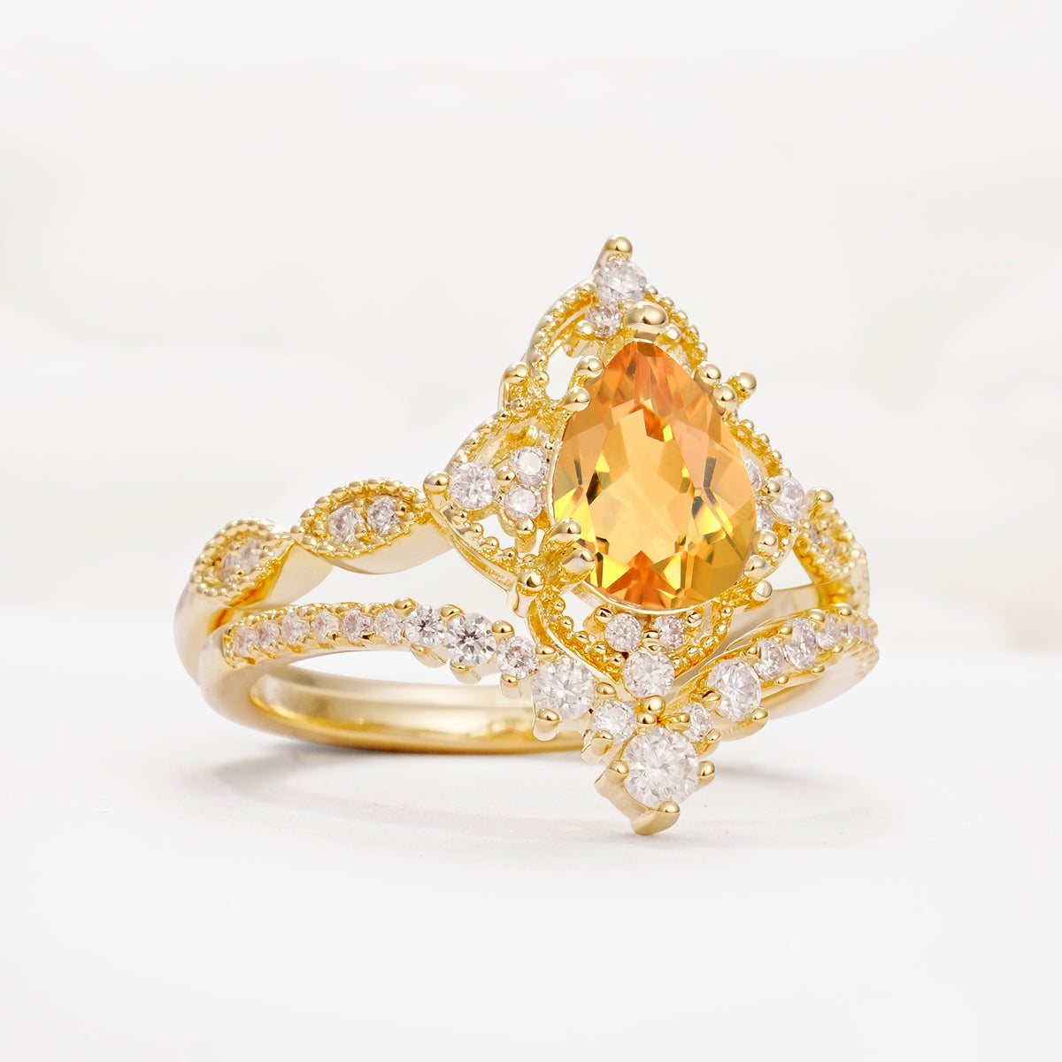 Luxury Pear Cut Milgrain Halo Citrine Bridal Ring Set - White-Gold
