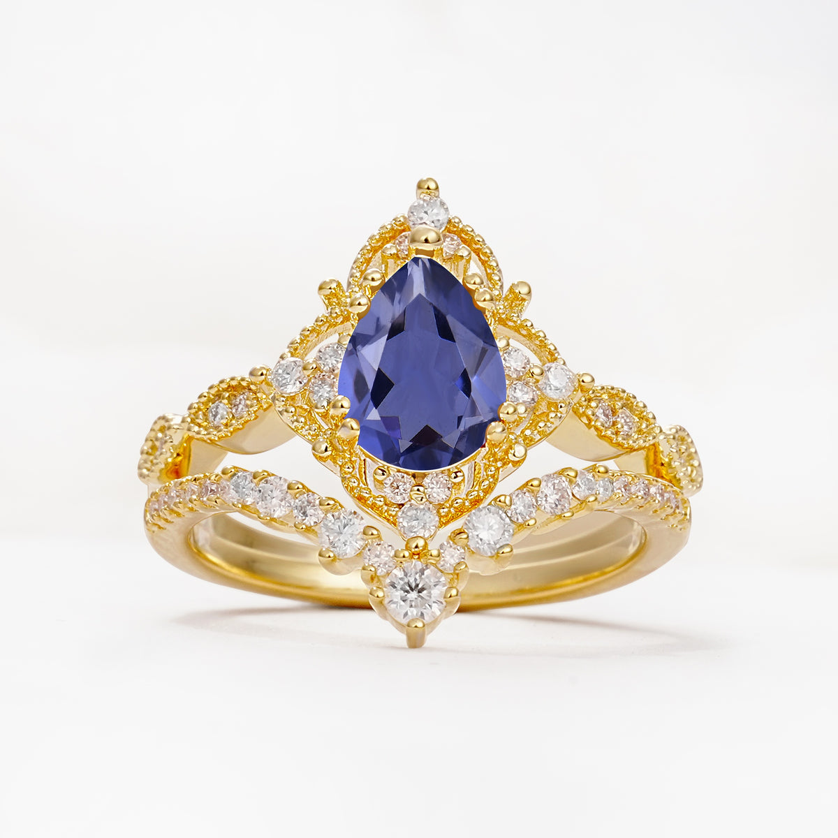 Luxury Pear Cut Milgrain Halo Tanzanite Bridal Ring Set - Yellow-Gold