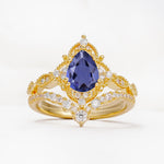 Luxury Pear Cut Milgrain Halo Tanzanite Bridal Ring Set - Yellow-Gold