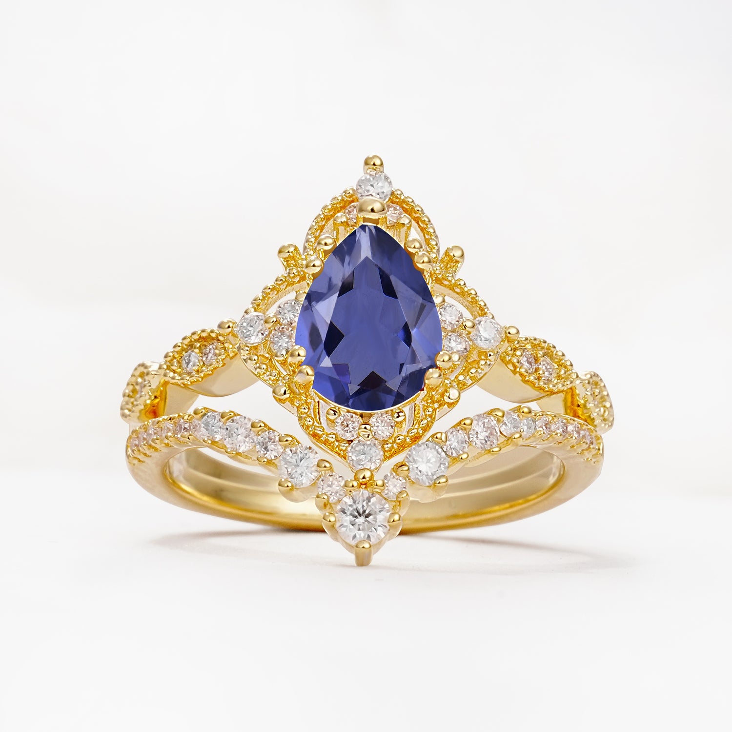 Luxury Pear Cut Milgrain Halo Tanzanite Bridal Ring Set - Yellow-Gold