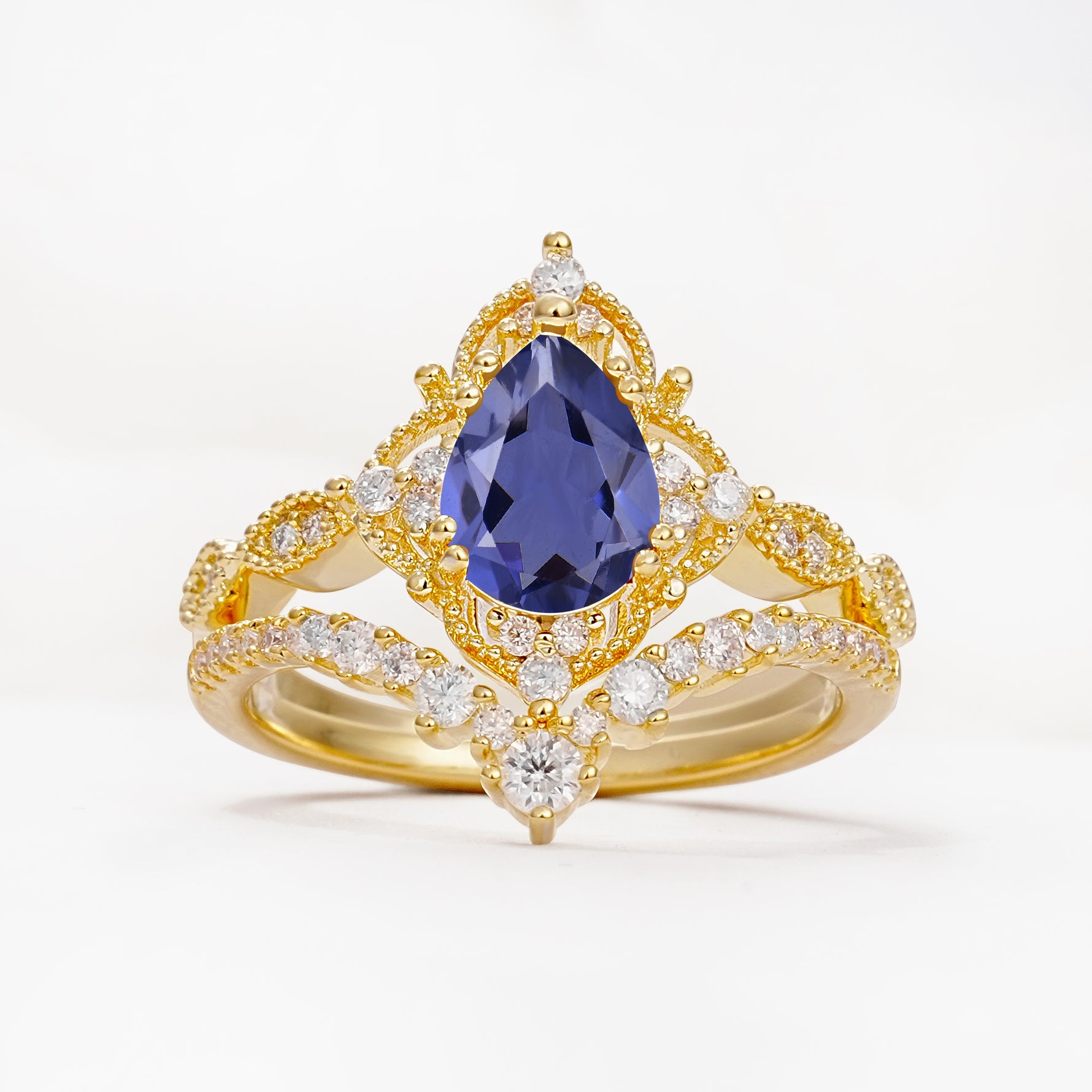 Luxury Pear Cut Milgrain Halo Tanzanite Bridal Ring Set - Yellow-Gold