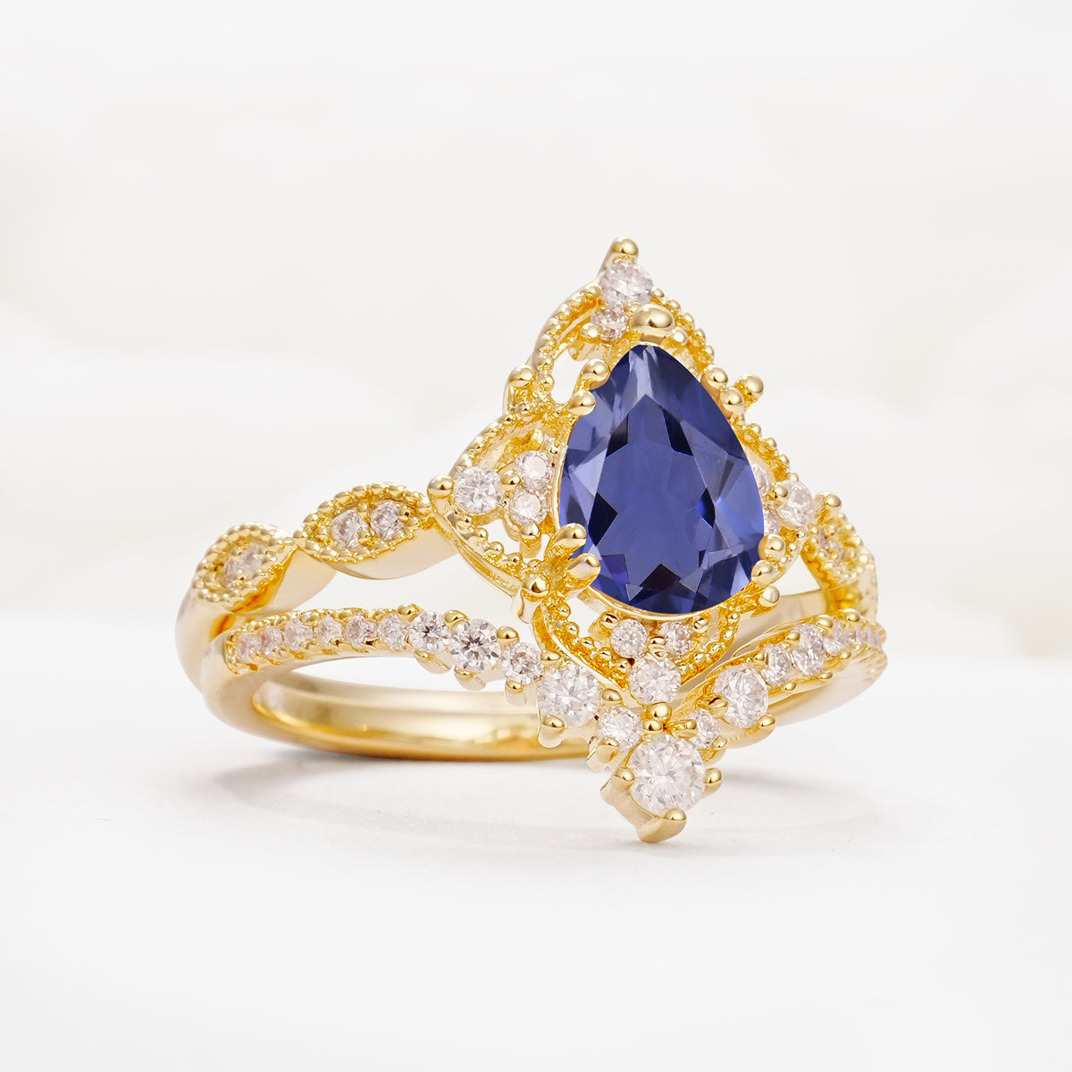 Luxury Pear Cut Milgrain Halo Tanzanite Bridal Ring Set - White-Gold