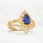 Luxury Pear Cut Milgrain Halo Tanzanite Bridal Ring Set - White-Gold