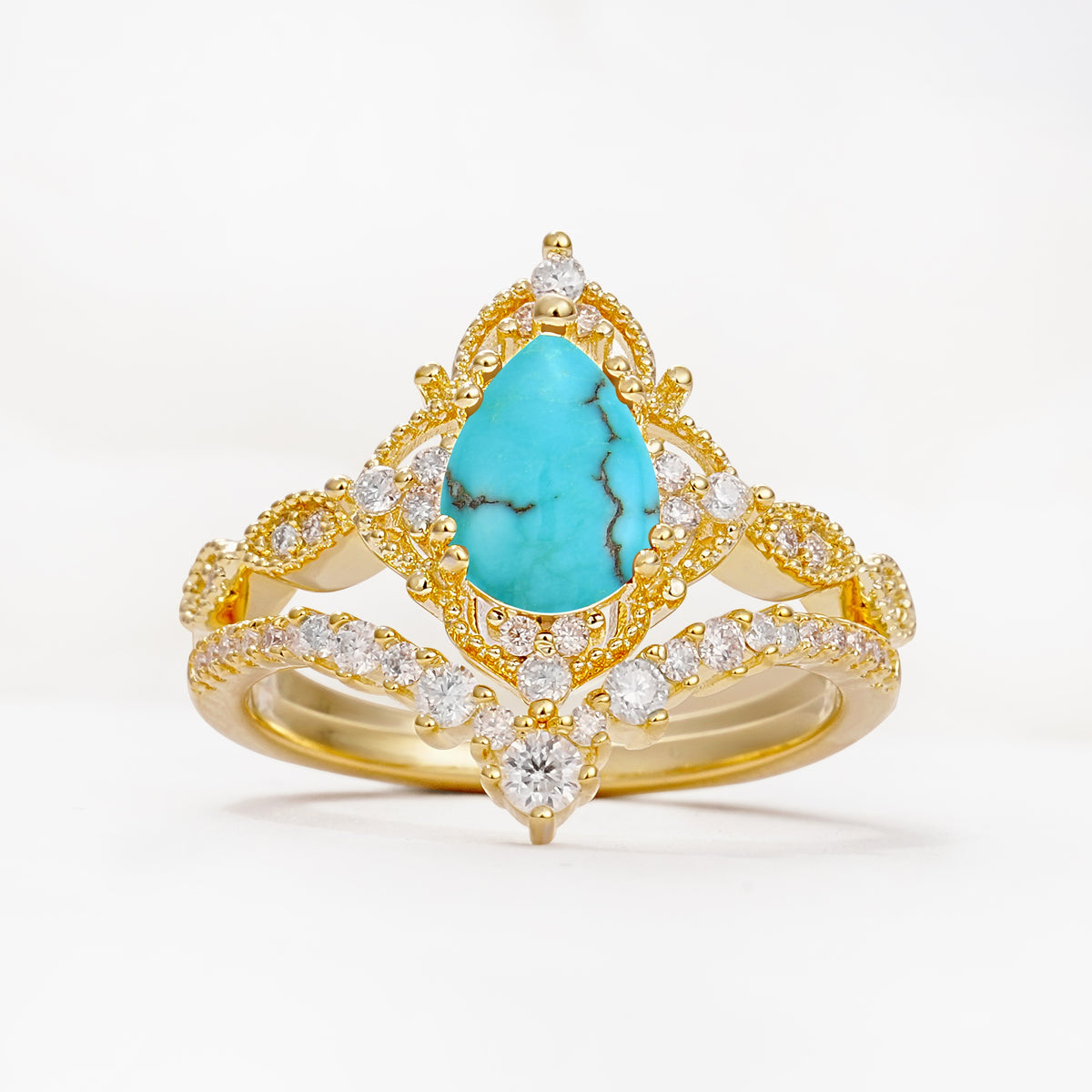 Luxury Pear Cut Milgrain Halo Turquoise Bridal Ring Set - Yellow-Gold