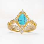 Luxury Pear Cut Milgrain Halo Turquoise Bridal Ring Set - Yellow-Gold