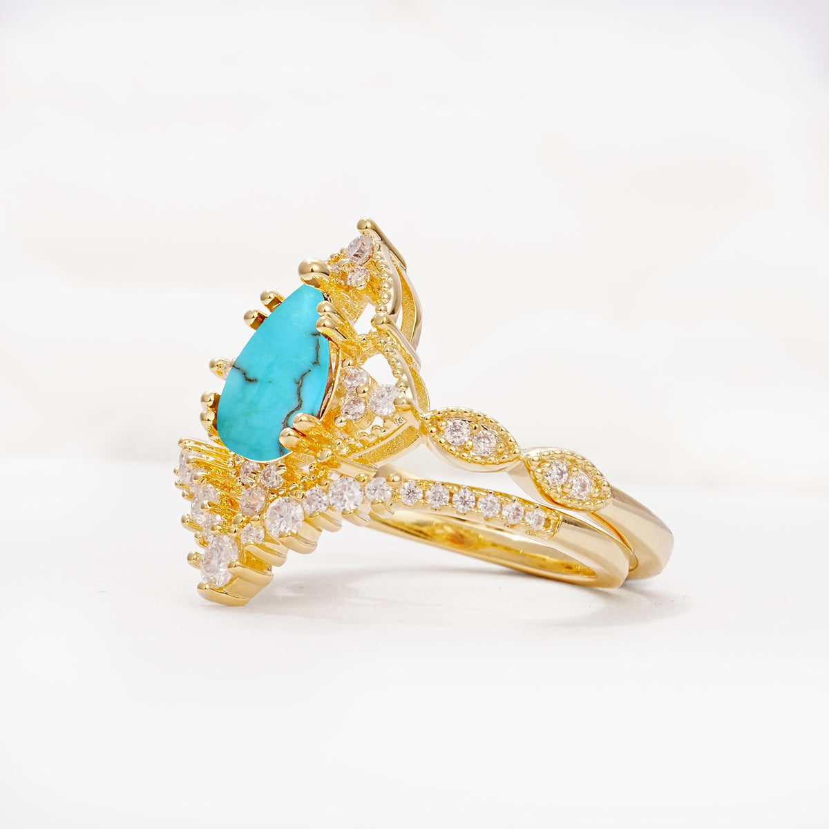 Luxury Pear Cut Milgrain Halo Turquoise Bridal Ring Set - Rose-Gold