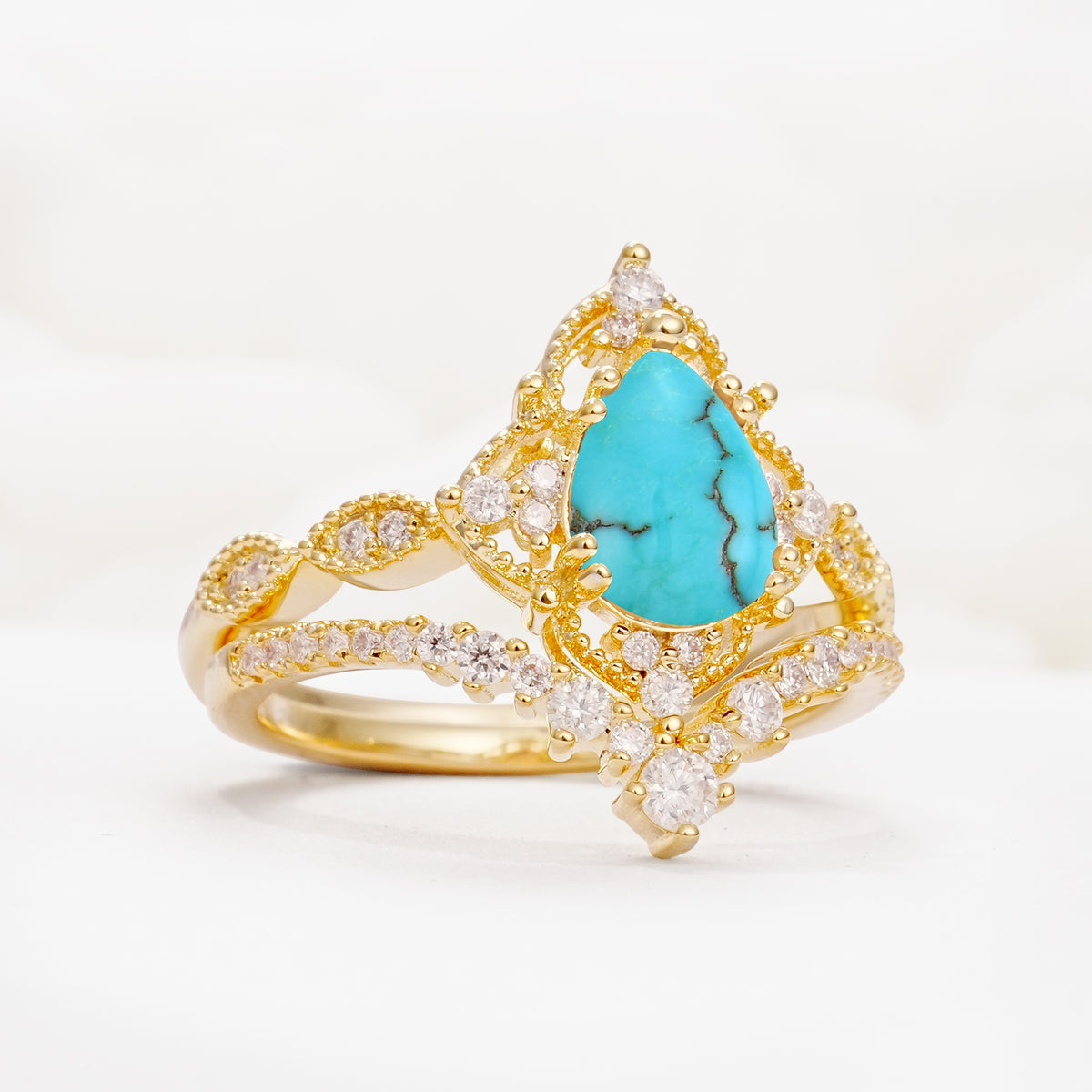 Luxury Pear Cut Milgrain Halo Turquoise Bridal Ring Set - White-Gold