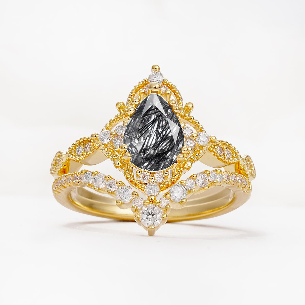 Luxury Pear Cut Milgrain Halo Black Rutilated Quartz Bridal Ring Set - Yellow-Gold
