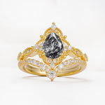 Luxury Pear Cut Milgrain Halo Black Rutilated Quartz Bridal Ring Set - Yellow-Gold