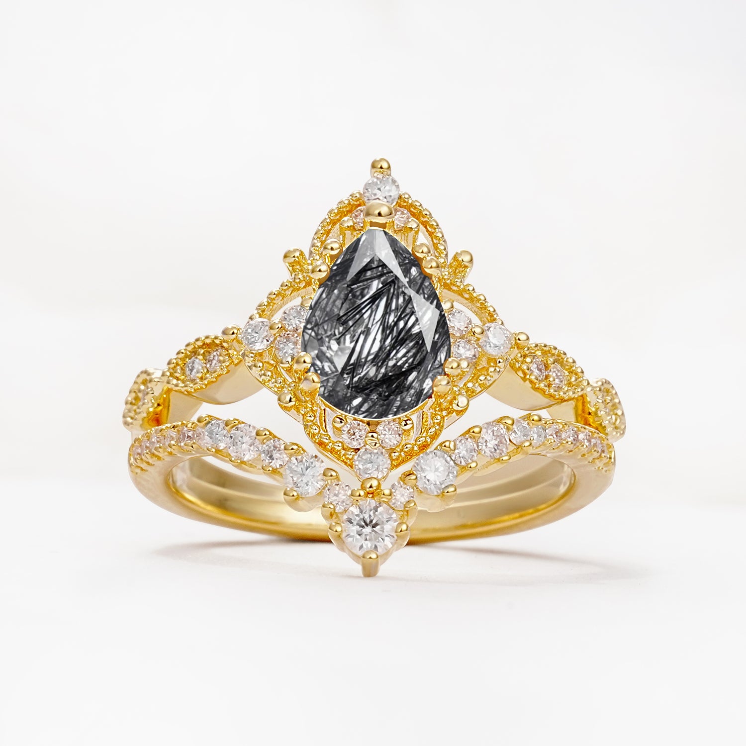 Luxury Pear Cut Milgrain Halo Black Rutilated Quartz Bridal Ring Set - Yellow-Gold