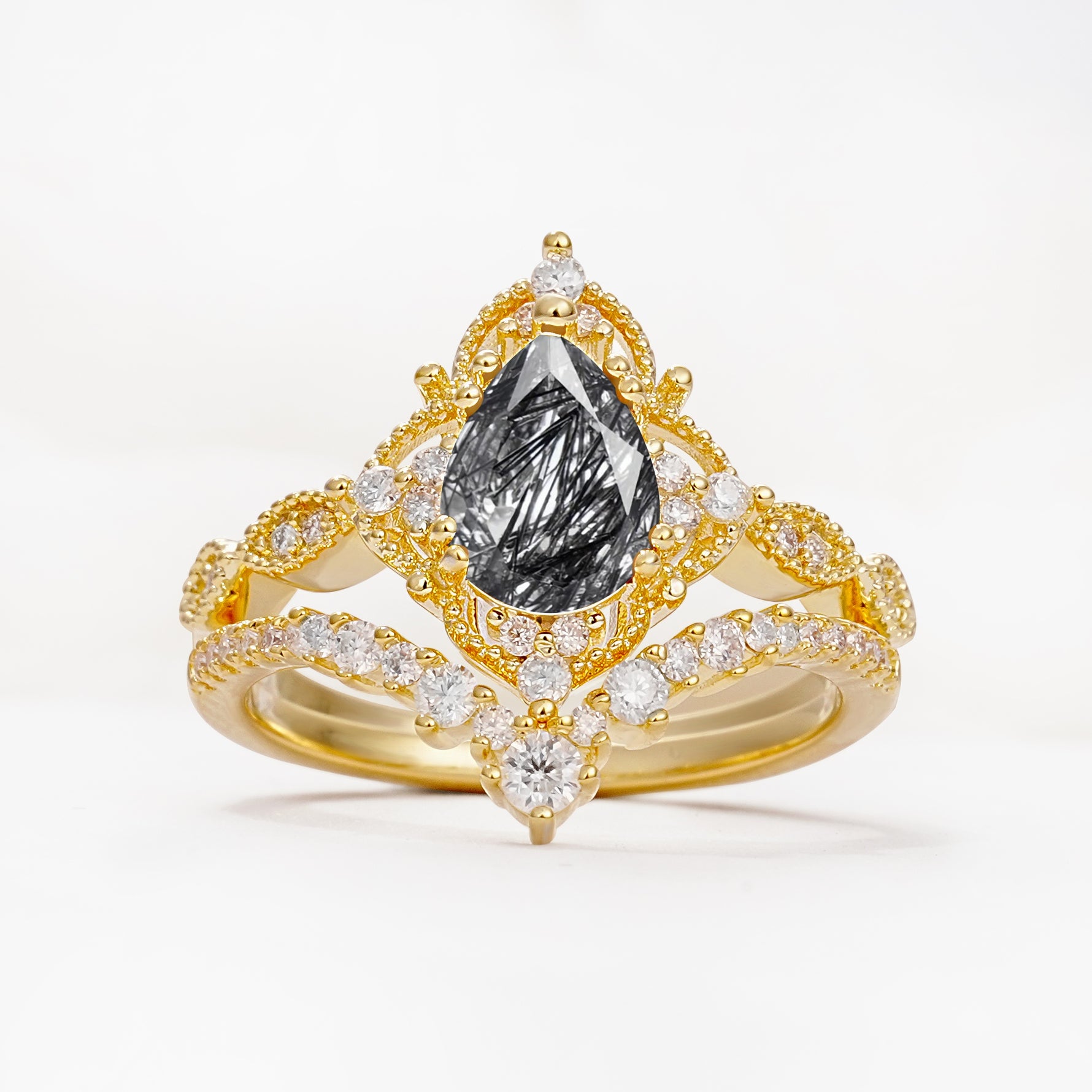 Luxury Pear Cut Milgrain Halo Black Rutilated Quartz Bridal Ring Set - Yellow-Gold