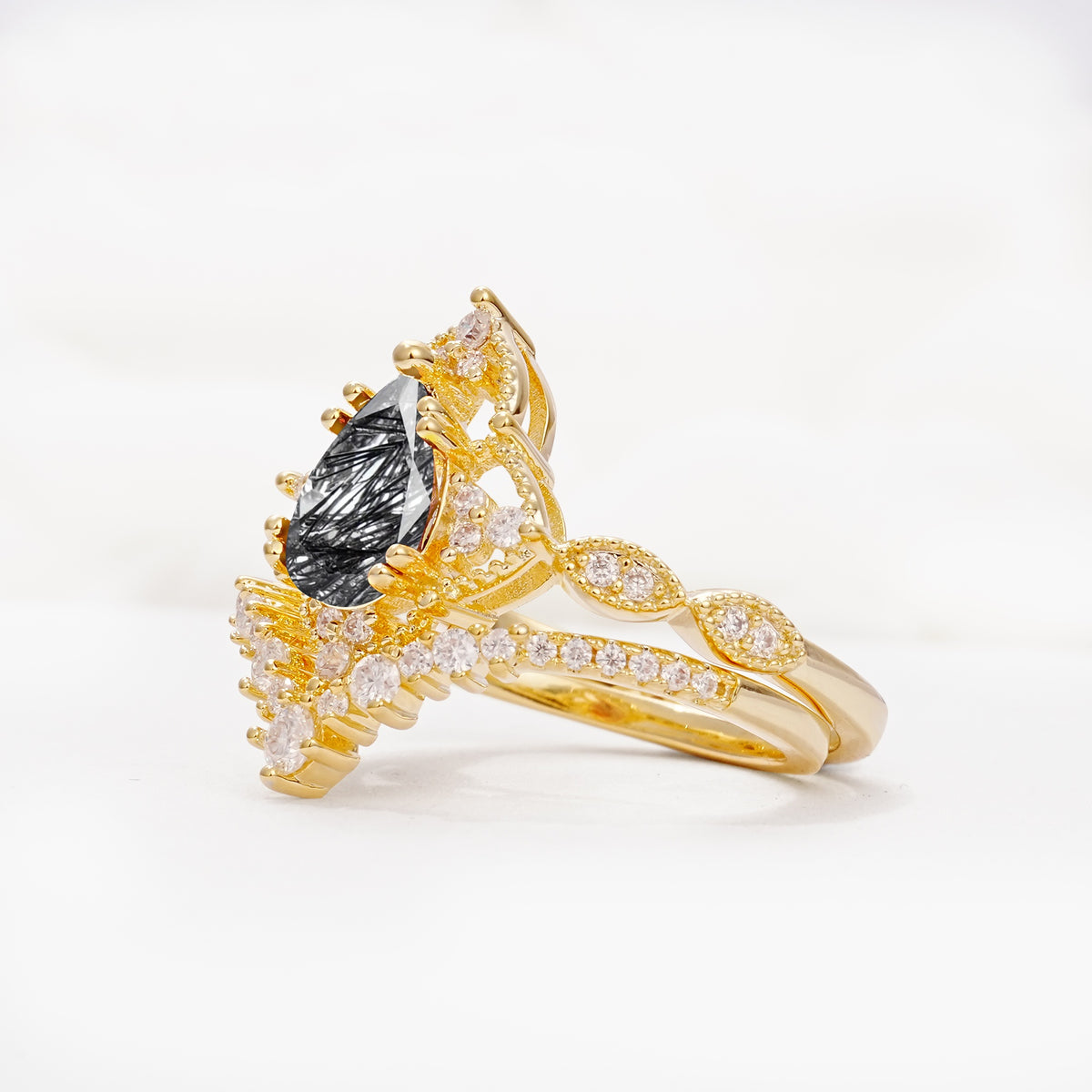 Luxury Pear Cut Milgrain Halo Black Rutilated Quartz Bridal Ring Set - Rose-Gold